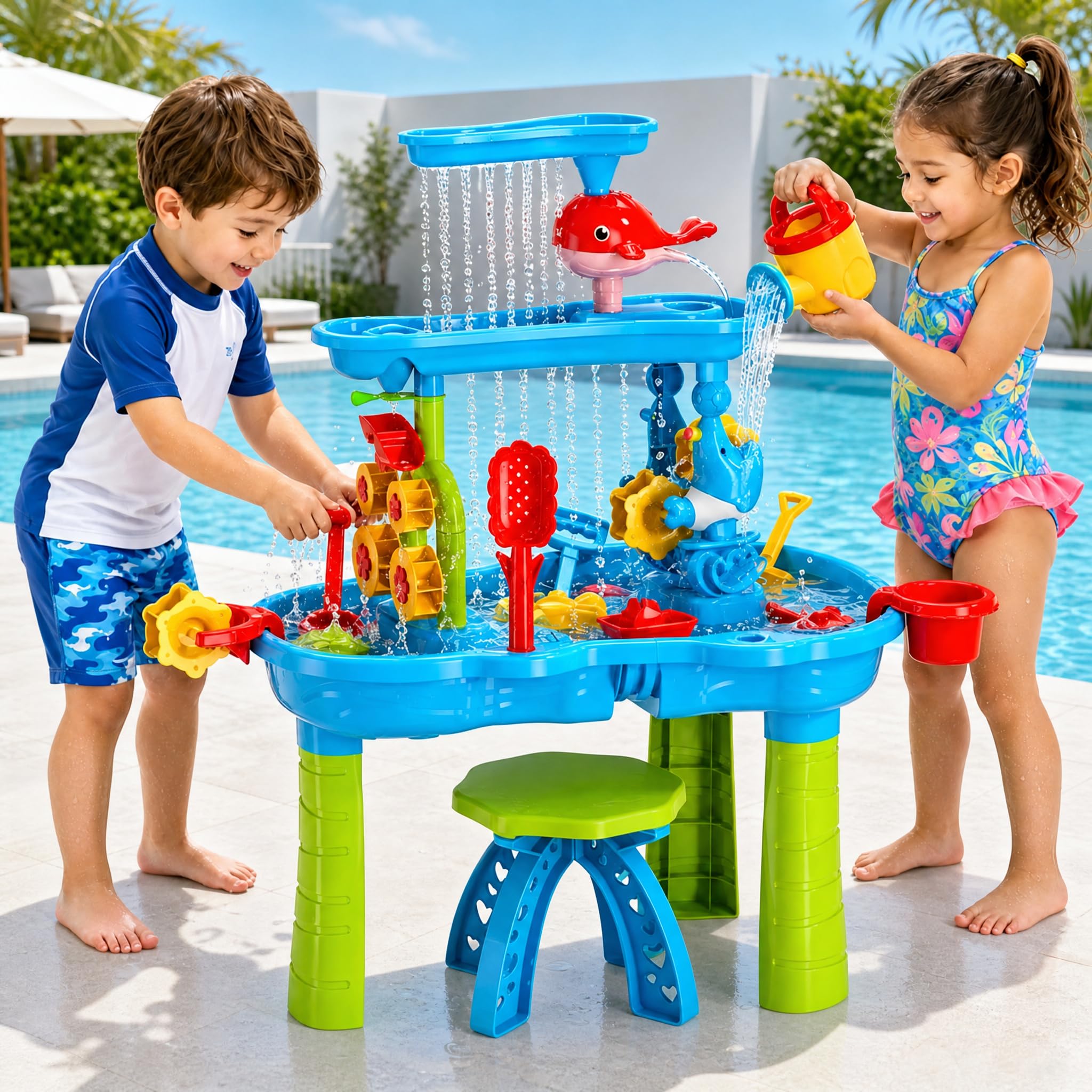 Tavolo da gioco per bambini, per attività all'aperto, sabbia e acqua, 3 livelli, giocattolo sensoriale per bambini da 3 a 12 anni, giocattolo per giardino, terrazza, spiaggia, estate