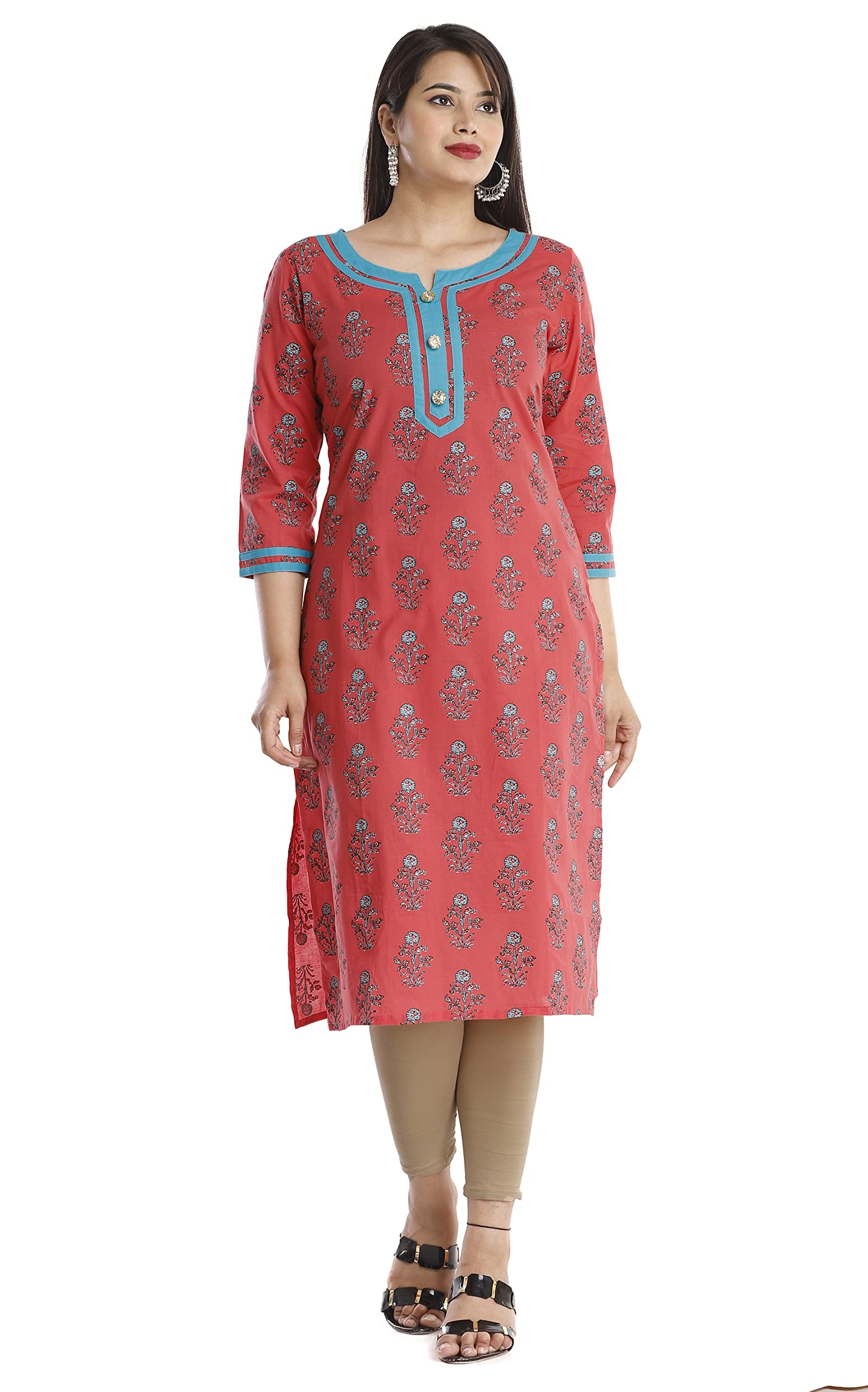HUMFASHION Women Floral Print Pure Cotton Straight Kurta | Pink | HF-1005K-FLORAL-PINK_P
