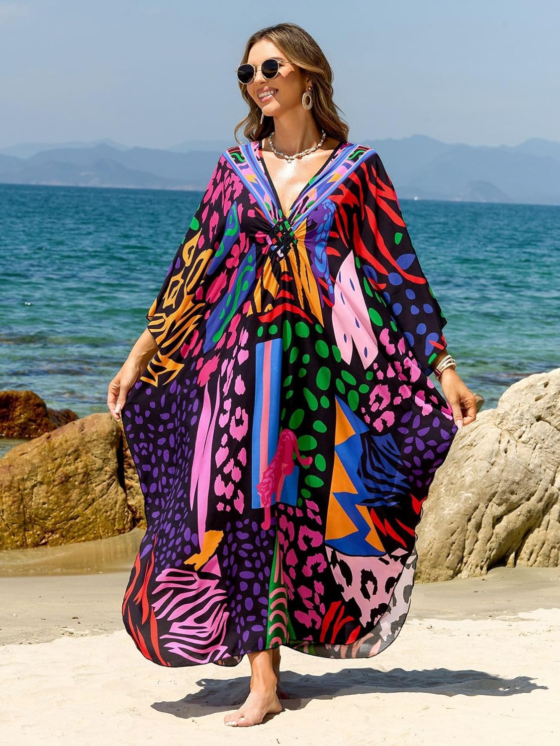 Kaftan Dresses for Women Plus Size V-Neck Moo Moos Batwing Kaftan Beach Dress Bathing Suit Cover-Up Loungewear - Image 7