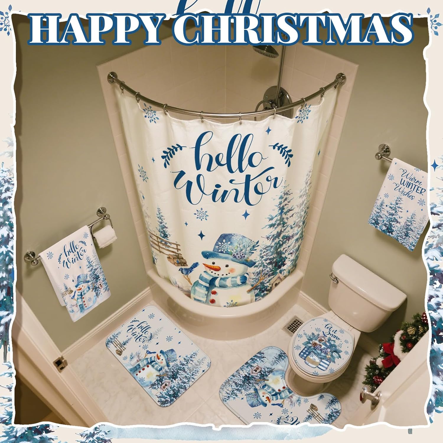 Tranqun 8 Pcs Hello Winter Shower Curtain Set Bathroom Decor Snowman Waterproof Shower Curtain Towels Snowflake Cedar Non Slip Rug Toilet Lid Cover Bath Mat with 12 Hooks for Home Decor