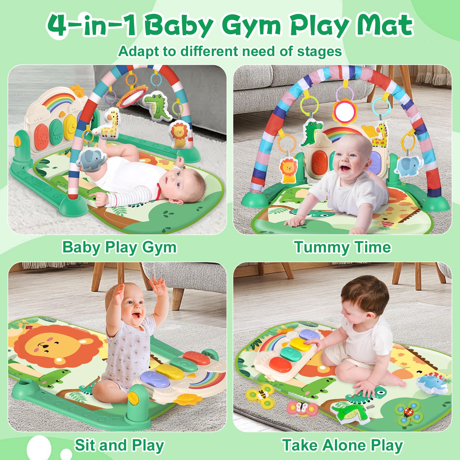 Joryuek Baby Gyms Play Mats, Tummy Time Mat Toys, Infant Play Mat and Activity Gym, Baby Play Piano Gym Mat, Play Mats for Babies Newborns and Toddlers, Baby Activity Mat Toys 0-3-6-12 Months (Green)