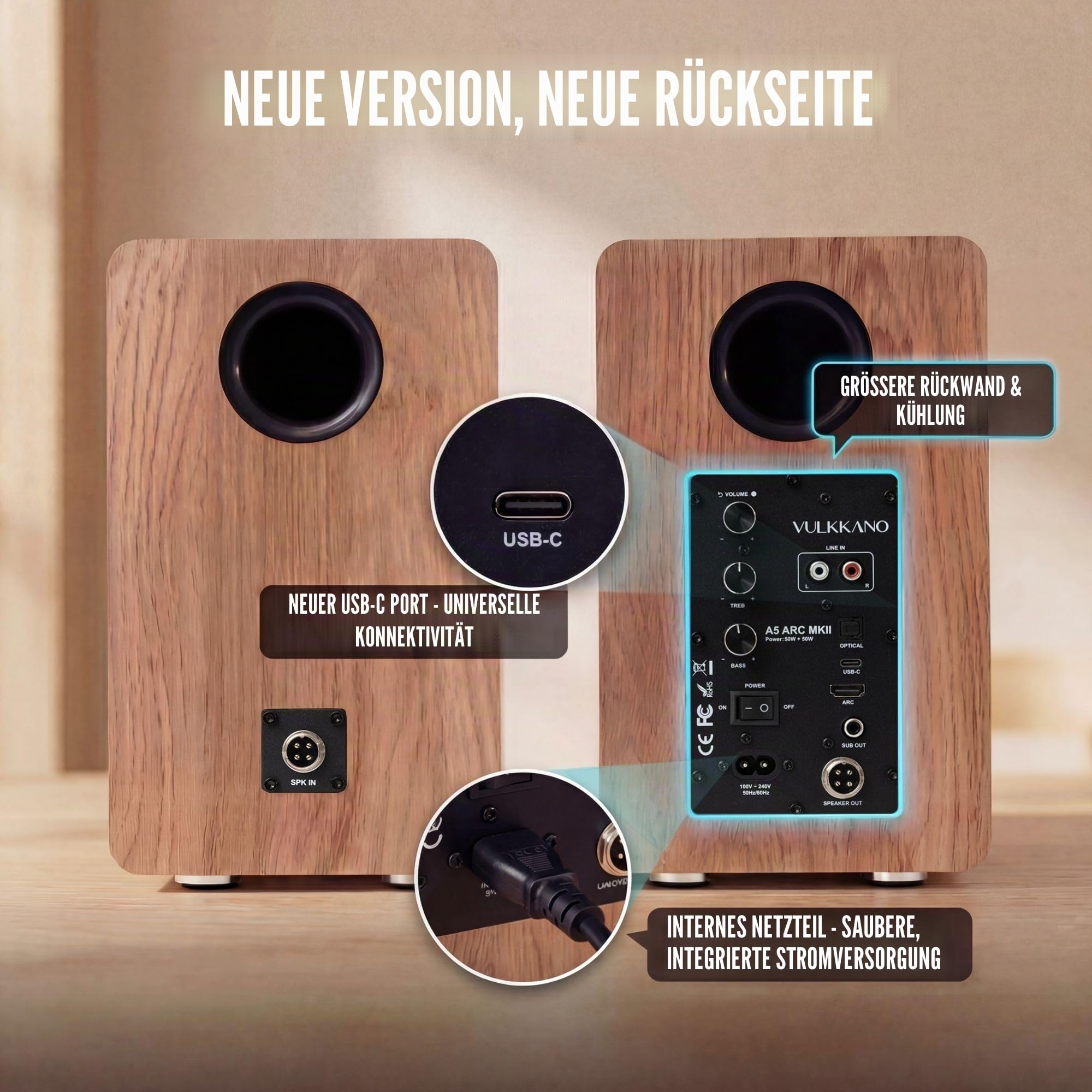 VULKKANO A5 Arc MKII Verstärkerlautsprecher mit 5,25 Zoll Tieftöner, Bluetooth 5.0, HDMI Arc, optischer Ausgang, RCA, USB, Subwoofer-Ausgang, Lautsprecher für Fernseher, Braun.
