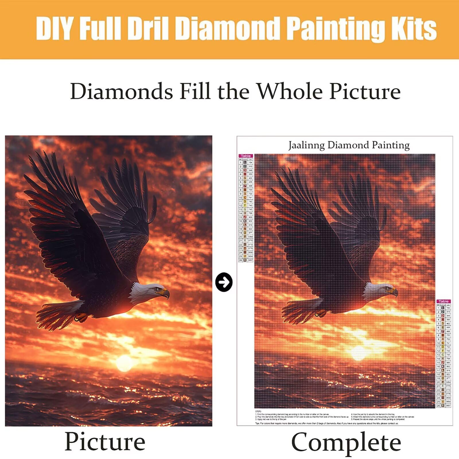 Diamond Painting Kit Completo, Diamond Painting Aquila, 5D Quadrato Pittura Diamante Kit Manualidades Adultos DIY Diamantini Crystal Art Disegni Ricamo Punto Croce Artigianale,80x100cm Tramonto j0-876