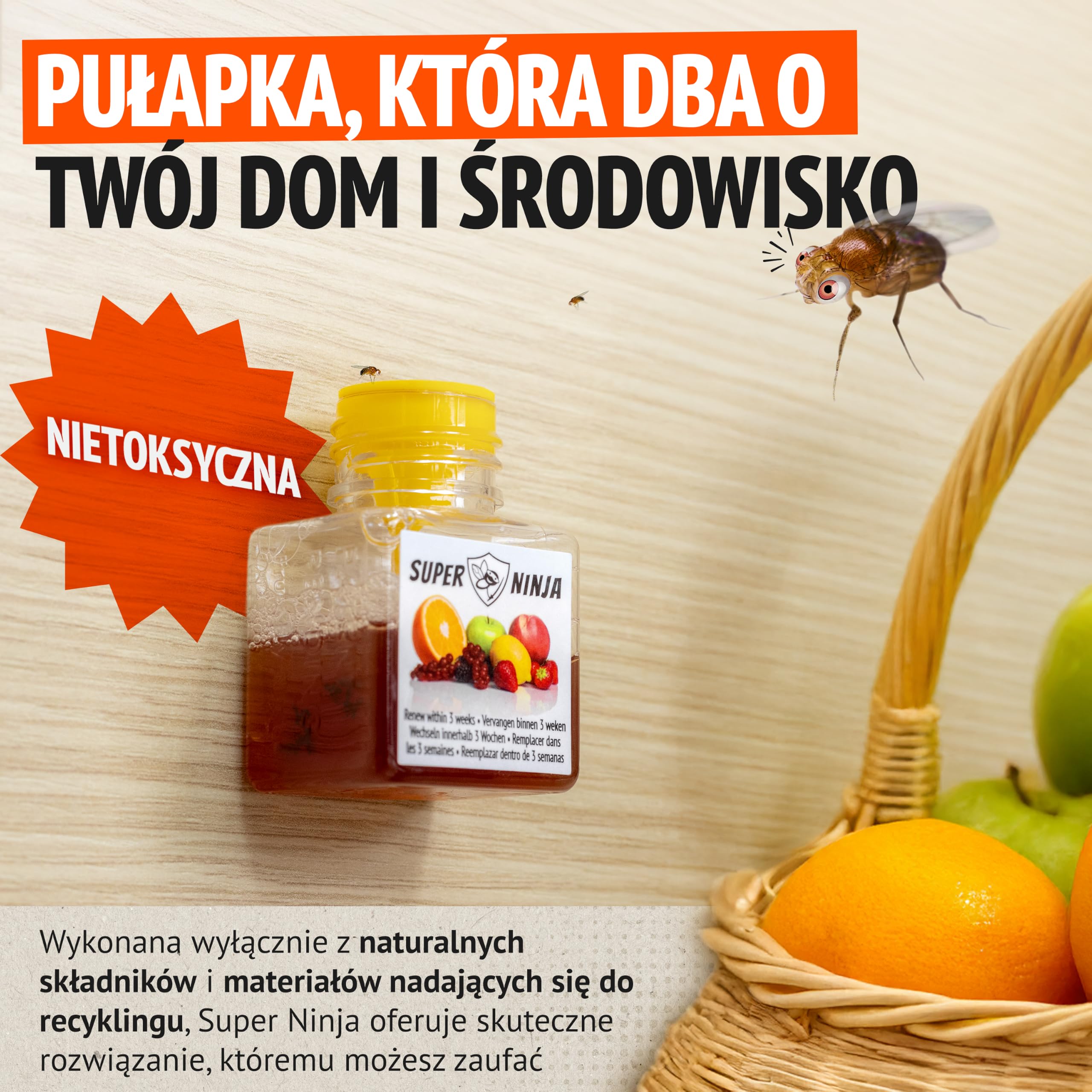 Super Ninja Pułapka na muszki owocówki do kuchni – 12 szt., naturalny płynny wabik, działanie do 3 tygodni, bez toksycznych składników
