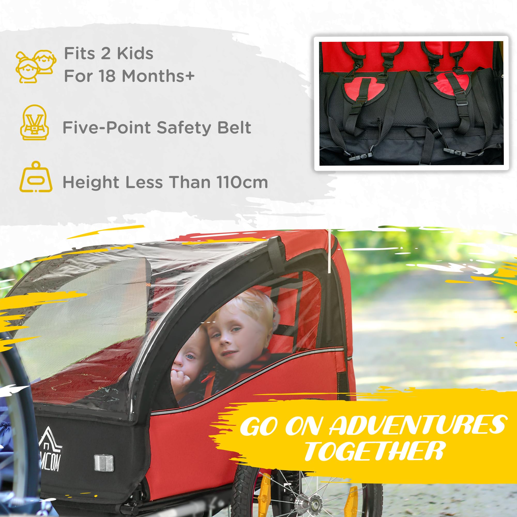 HOMCOM Remorque de vélo pour enfants 2 places 18 mois ceinture de sécurité amortisseur 140x88x90 cm