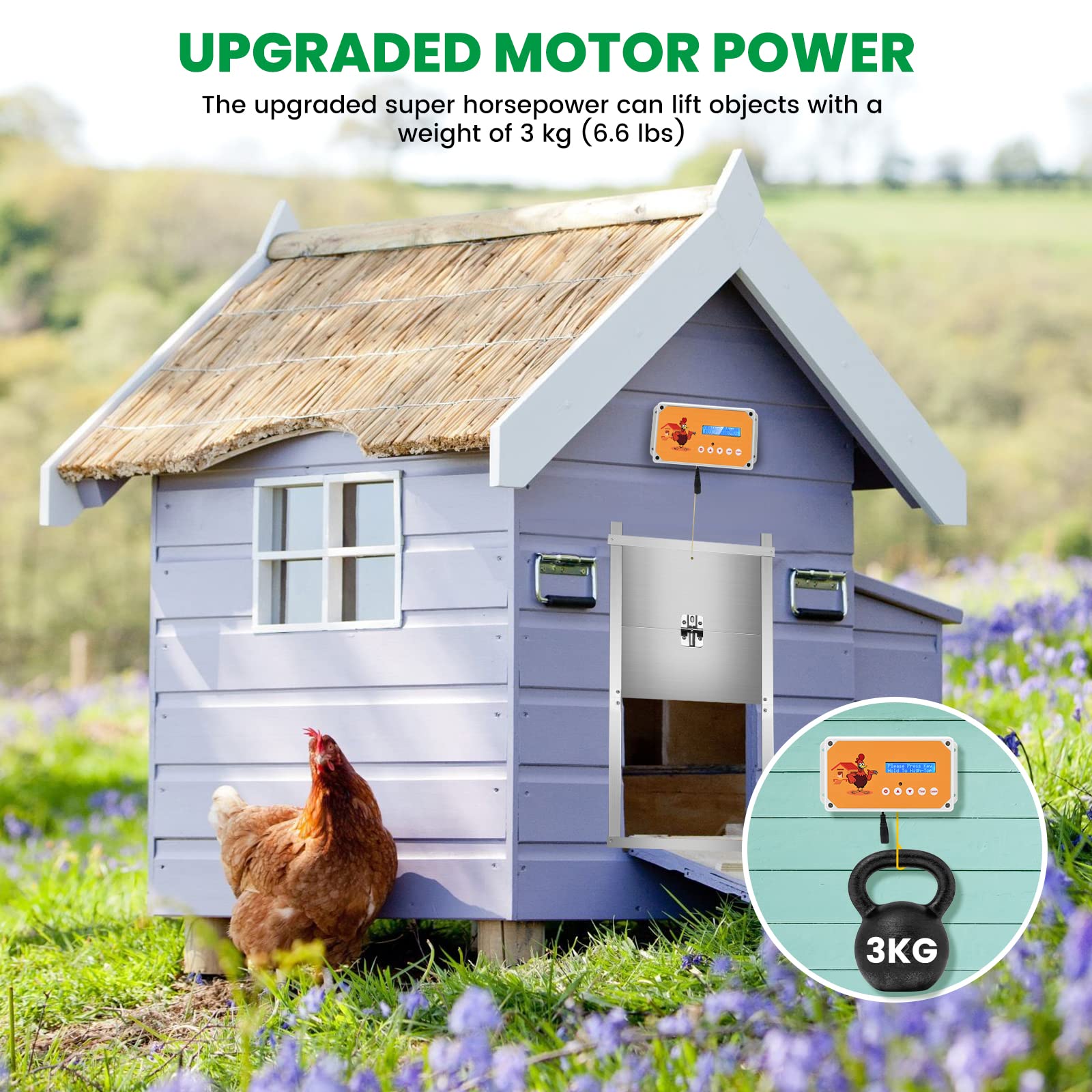 Apriporta Automatico per Pollai con Timer e 1 Telecomandi, Sistema di Sollevamento Porta Pollame IP65 Impermeabile per Tenuta Sicura, a Batteria o Solare