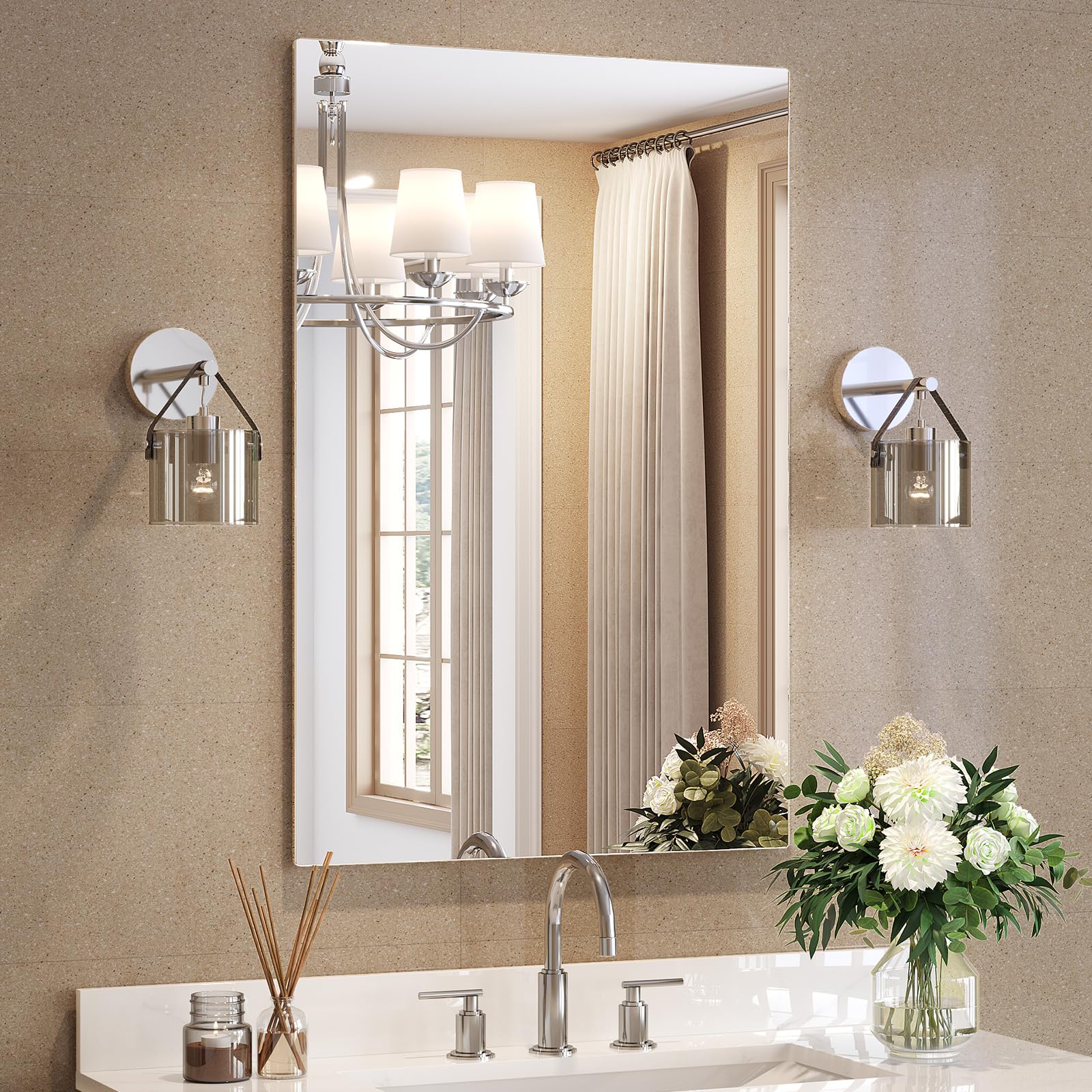 Brightify Frameless Mirror 24x36 Inch Bathroom Mirrors for Over Sink Large Tempered Glass Square Wall Mirror Frameless Vanity