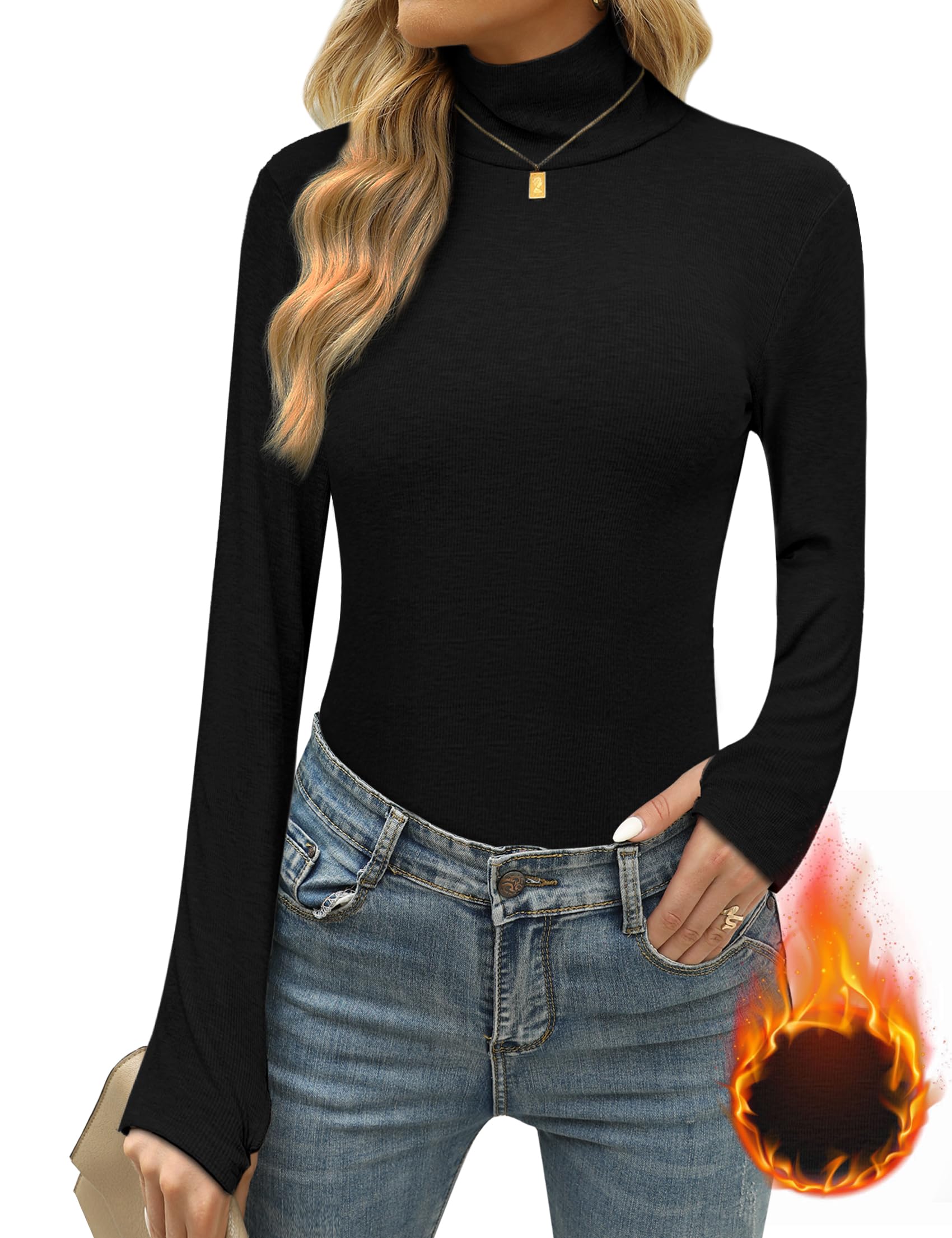 Terecey Intimo Termico Donna a Collo Alto Dolcevita Cotone a Manica Lunga Maglia Intima Leggero Maglia Termica da Donna Traspirante Invernale Basic Top con Asole per i Pollici S-XXL