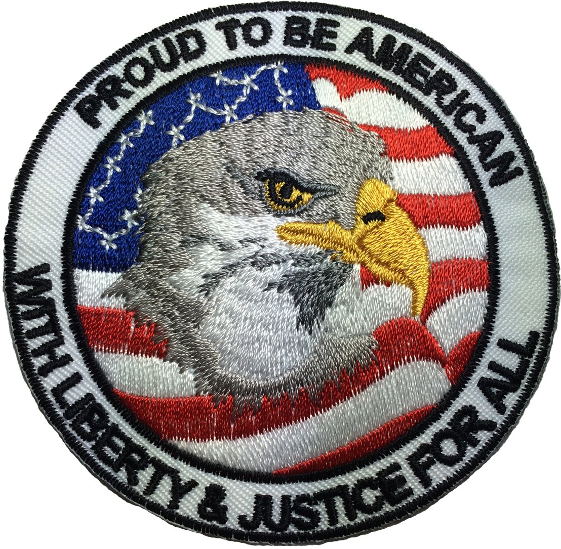 Papapatch Proud to be American - with Liberty and Justice for all - Eagle with USA Flag Sewing Iron on Embroidered Patch (IRON-PROUD)