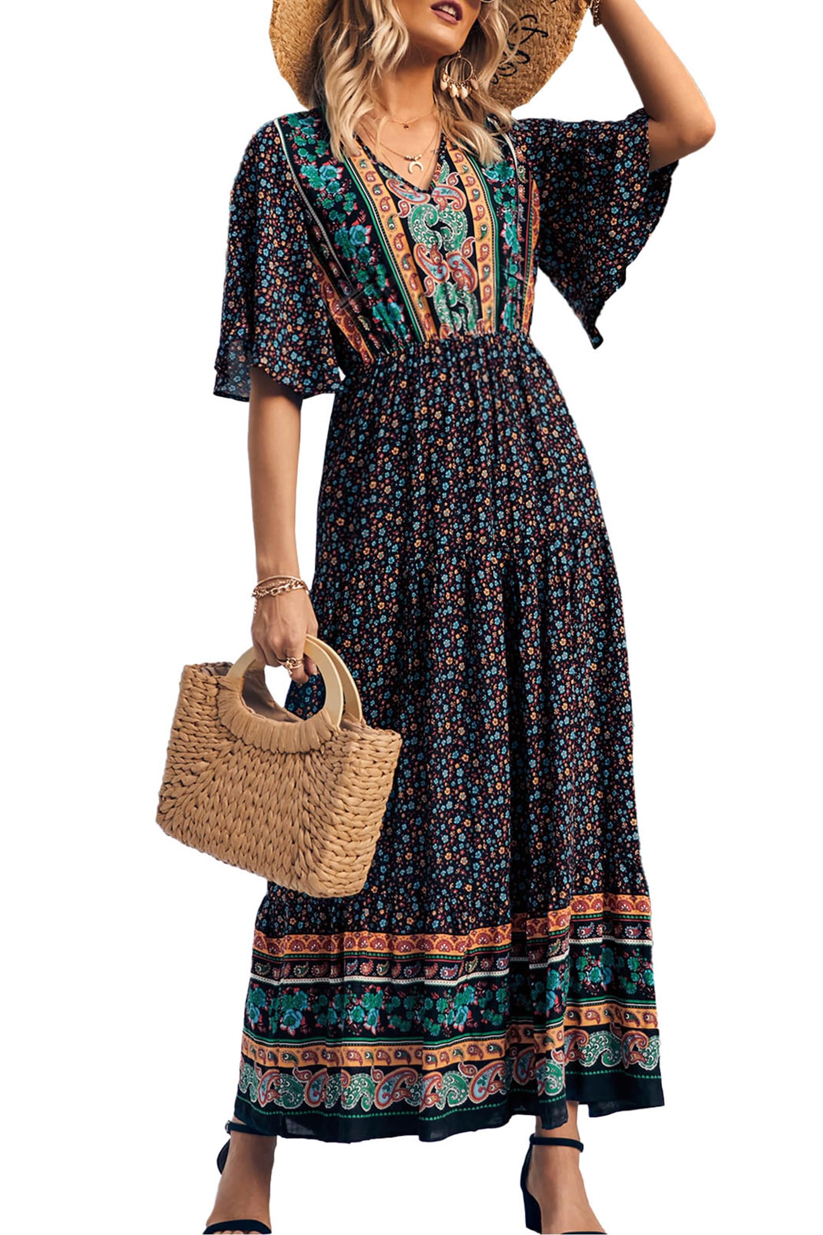 PRETTYGARDEN Women's Casual Summer Boho Floral Print Dress V Neck Short Sleeve High Waist Long Maxi Beach Dresses