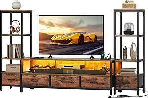 DWVO Entertainment Center with Bookshelves, LED TV Stand for 65/60 inch TV, Retro TV Stand for Living Room with 2 Industrial 4-Tier Bookshelves & Power Outlets,Rustic Brown