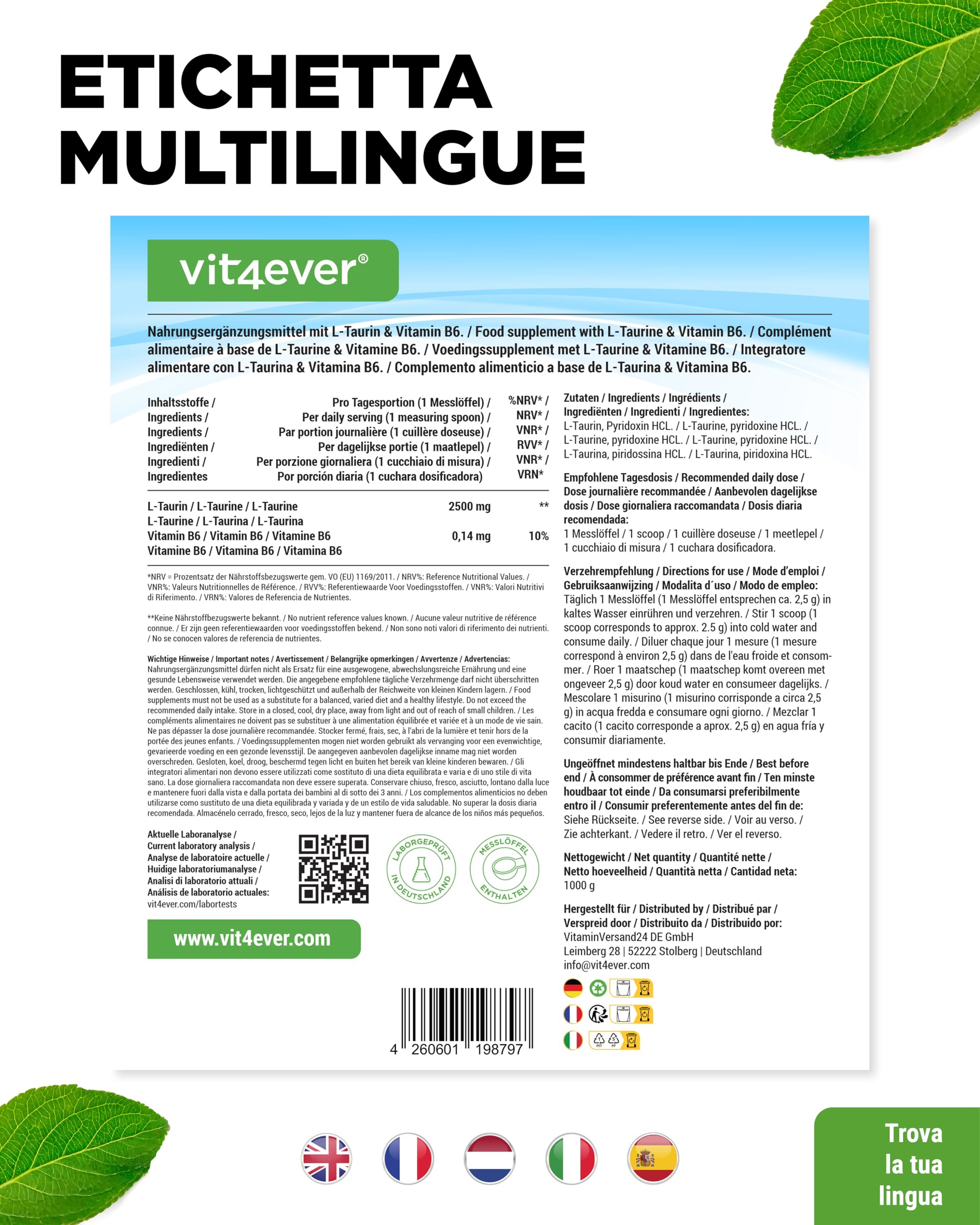 Polvere di Taurina - 1000 g (1 kg) - Solubilità ottimale - Vegano - Purezza 99% - Qualità premium - Aminoacido L-Taurina