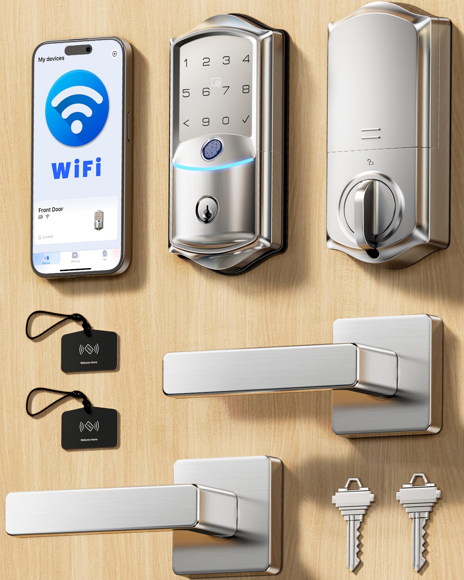 Photo 1 of Veise VE027-L Built-in WiFi Smart Lock with Handle, Fingerprint keyless Entry Door Lock Set, App Remote & Voice Control, Electronic Deadbolt for Front Door, Touchscreen Keypad, Auto Lock, Satin Nickel