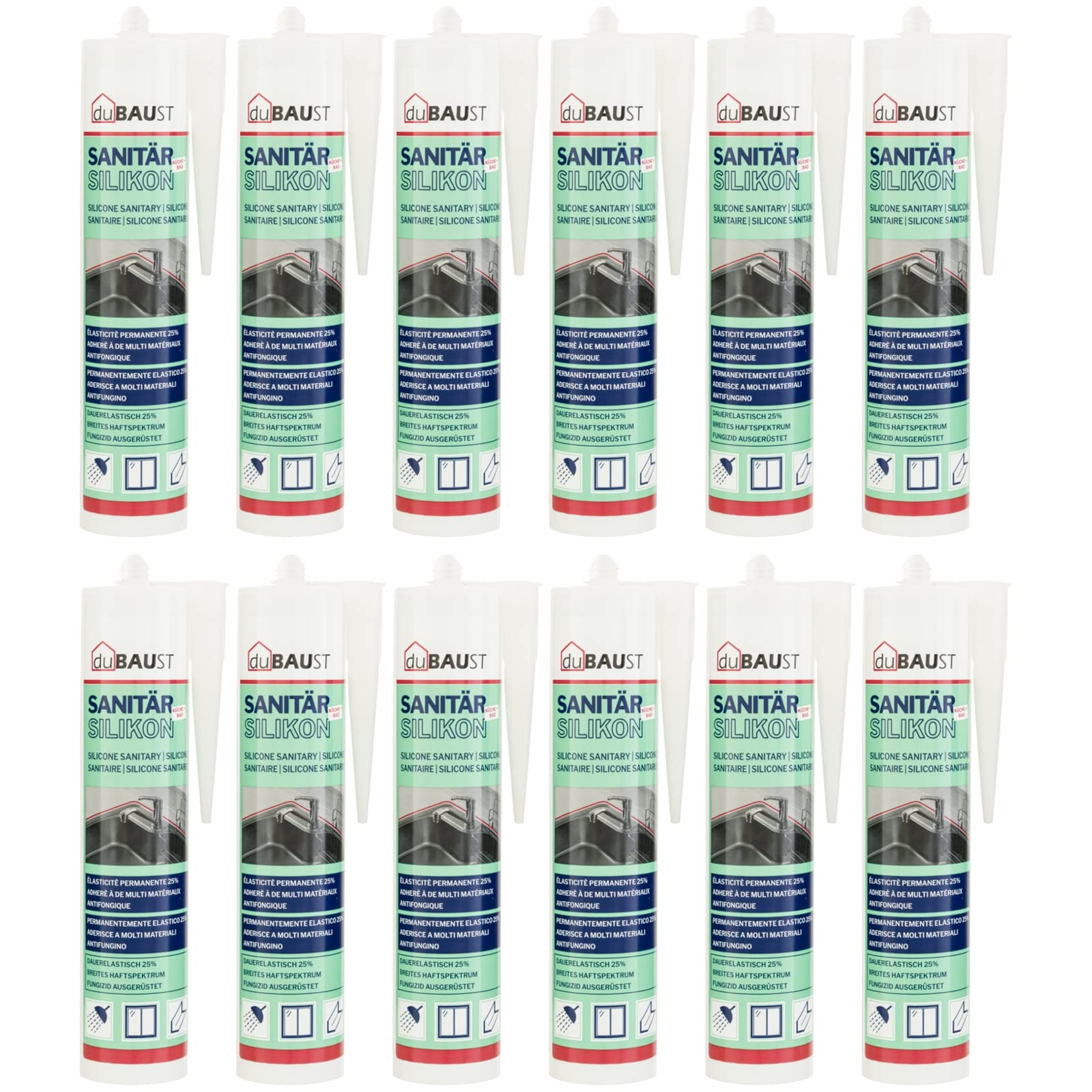 SAS24 - Juego de 12 cartuchos de silicona sanitaria (310 ml, elásticos, resistentes al moho, para baño, cocina, ducha, habitaciones húmedas, 310 ml), color transparente