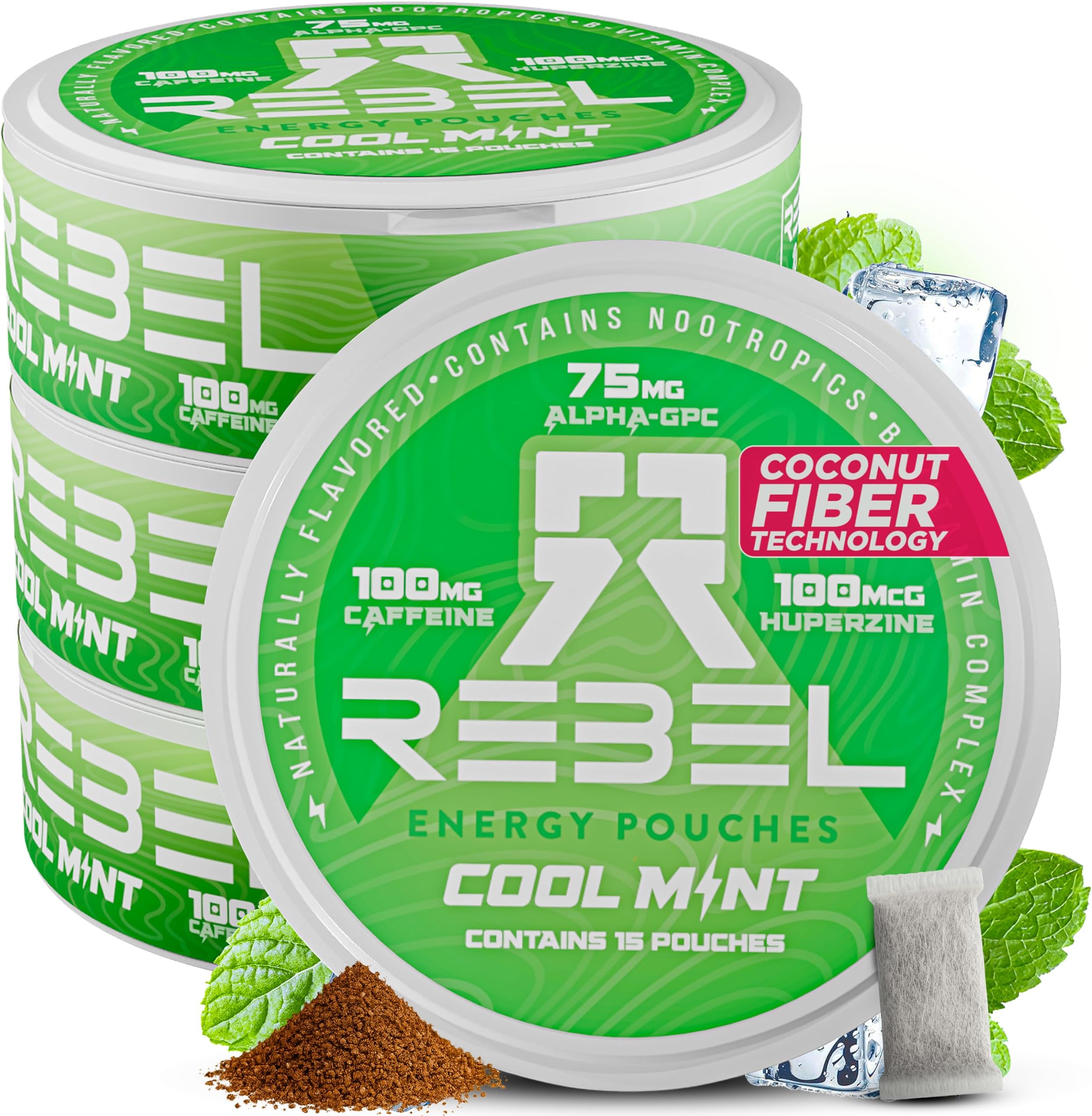 Nootropic Energy Caffeine Pouches โข 100mg Caffeine โข Alpha GPC โข Huperzine A & Essential Vitamins โข Sugar-Free โข Coconut Fiber Technology โข Cool Mint Flavor โข 15 Pouches Per Can (Pack of 4)