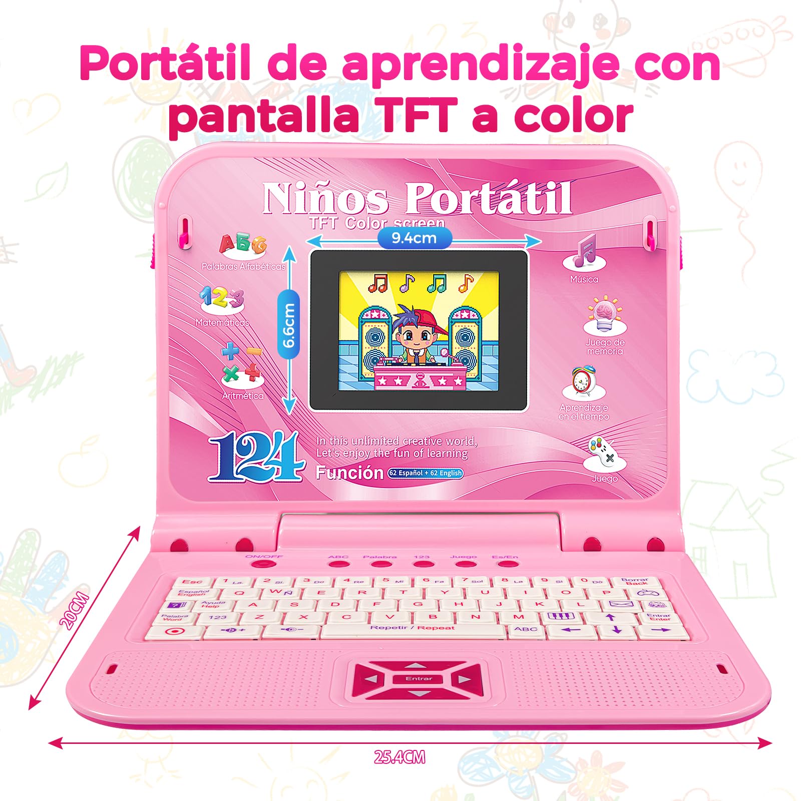 Ordenador Infantil Bilingüe Juguete 124 Actividades Matemáticas Vocabulario Música Jugar Regalo Niños Niñas Rosa