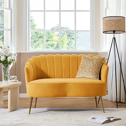 Miniatura 84 de HULALA HOME Moderno sofá biplaza de terciopelo con respaldo en forma de flor, cómodo sofá tapizado de 2 plazas con patas de metal dorado, sofá