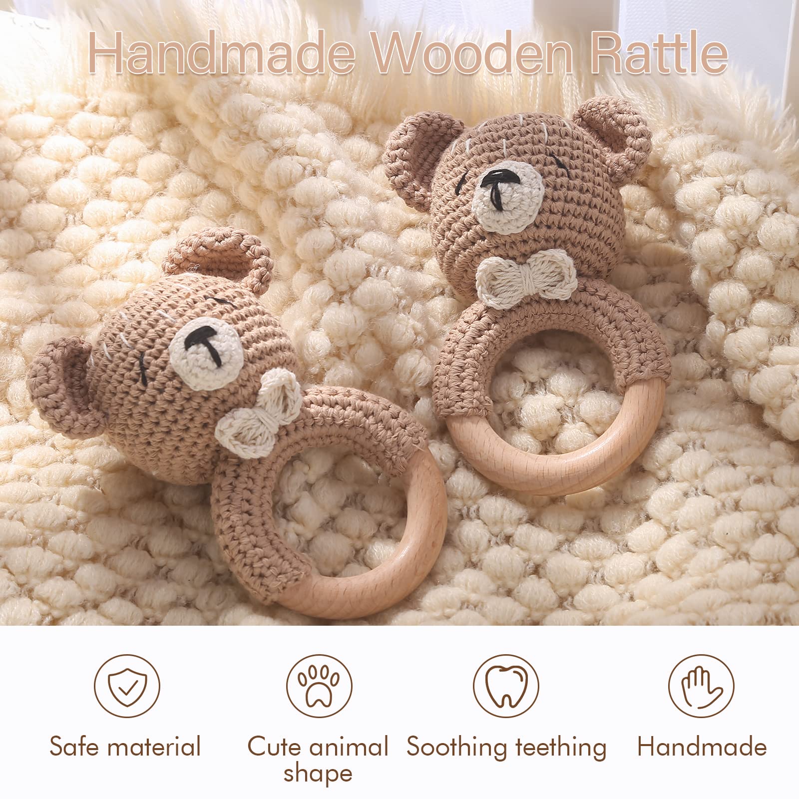 Youuys Baby Rattle Wooden Crochet Animals Grasping Toy Baby Wooden Rattle Baby with Sound Handmade Rattle for Newborn Baby Gift Boy and Girl Gift for Birth(Bear) - Image 4