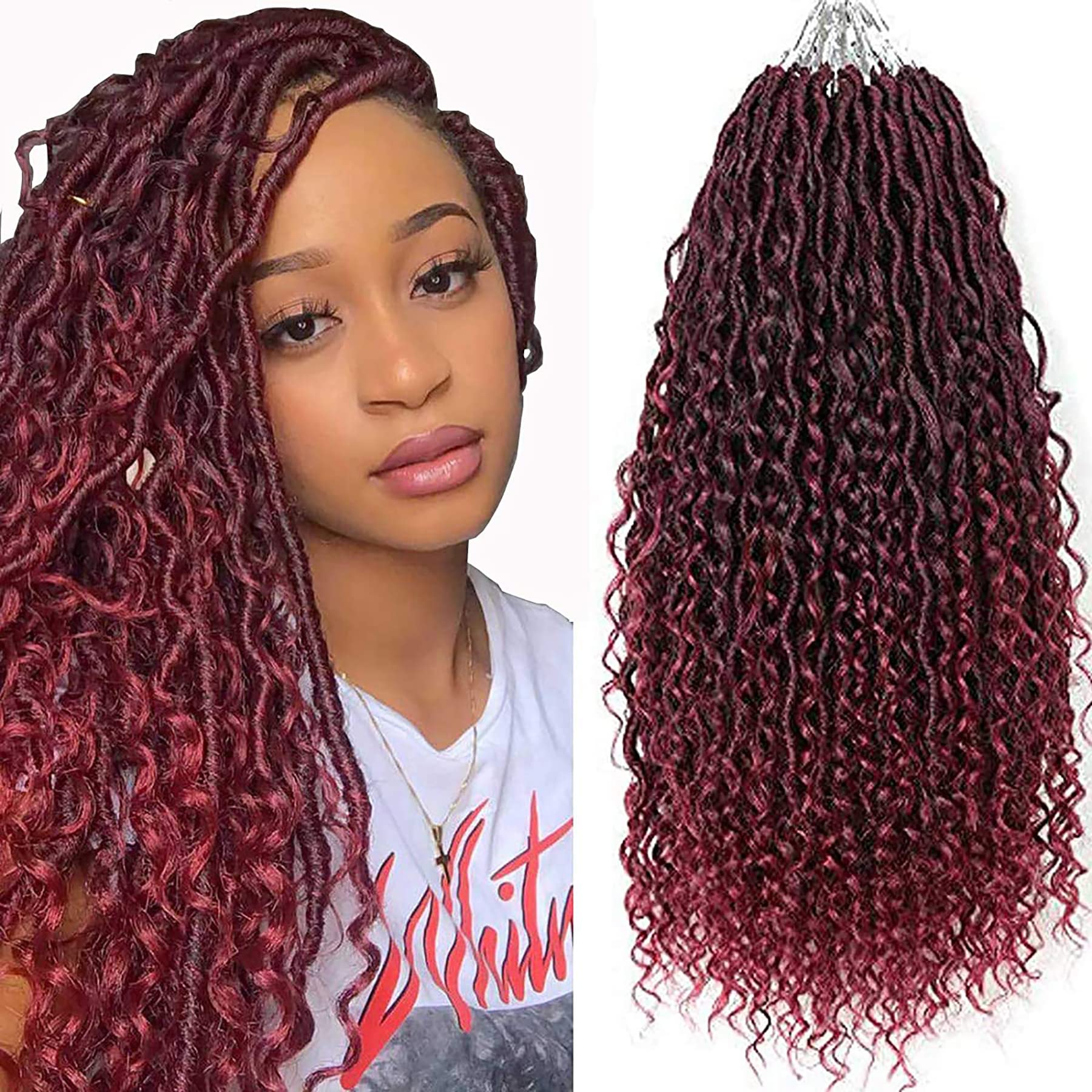 Ombre Burgundy Red Faux Locs With Curly Ends, 18 Inch 7 Packs New Goddess Crochet Hair for Women, Soft Pre-Looped Boho River Locs, Light Weight (T1B/
