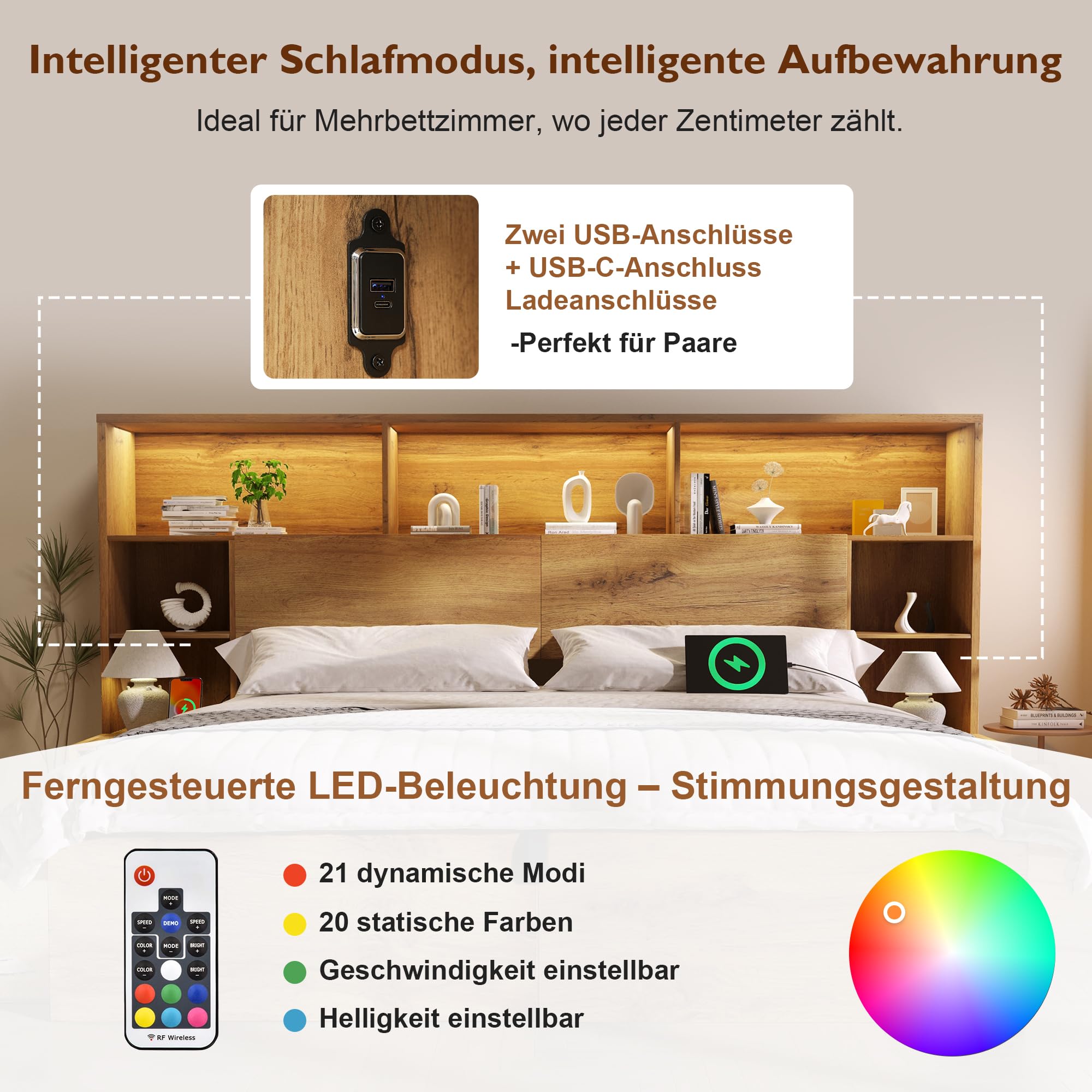 Kebnor Letto di sistema, effetto rovere con idraulico, letto matrimoniale in legno con comodini integrati, struttura del letto con rete a doghe e testiera, LED & USB-C, senza materasso (160 x 200 cm)