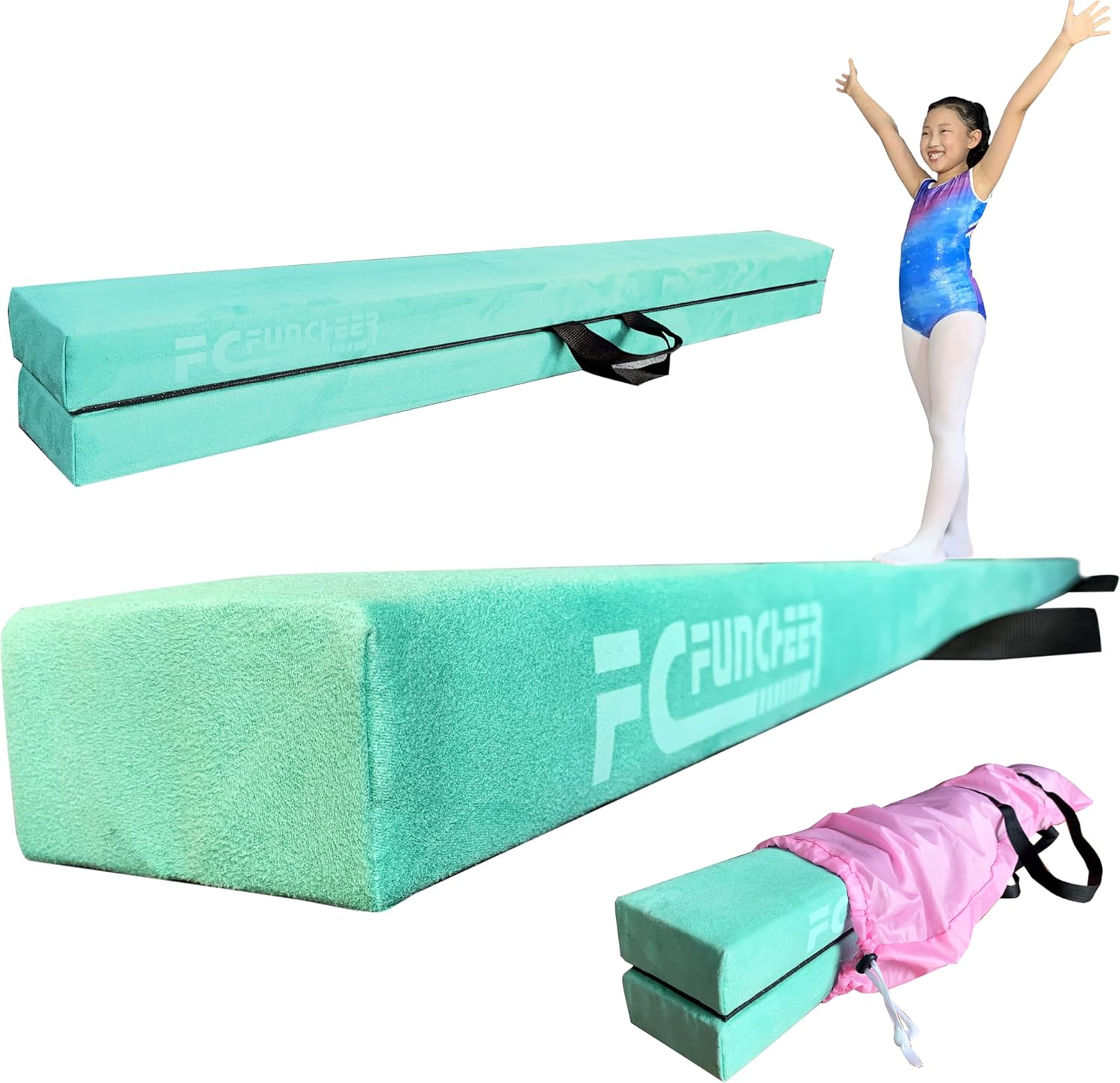 8FT Folding Balance Beam -Gymnastics Floor Beam -Gymnastics Equipment for Kids,Wood core- Anti-Slip Bottom and Carrying Bag for Home Teal suede