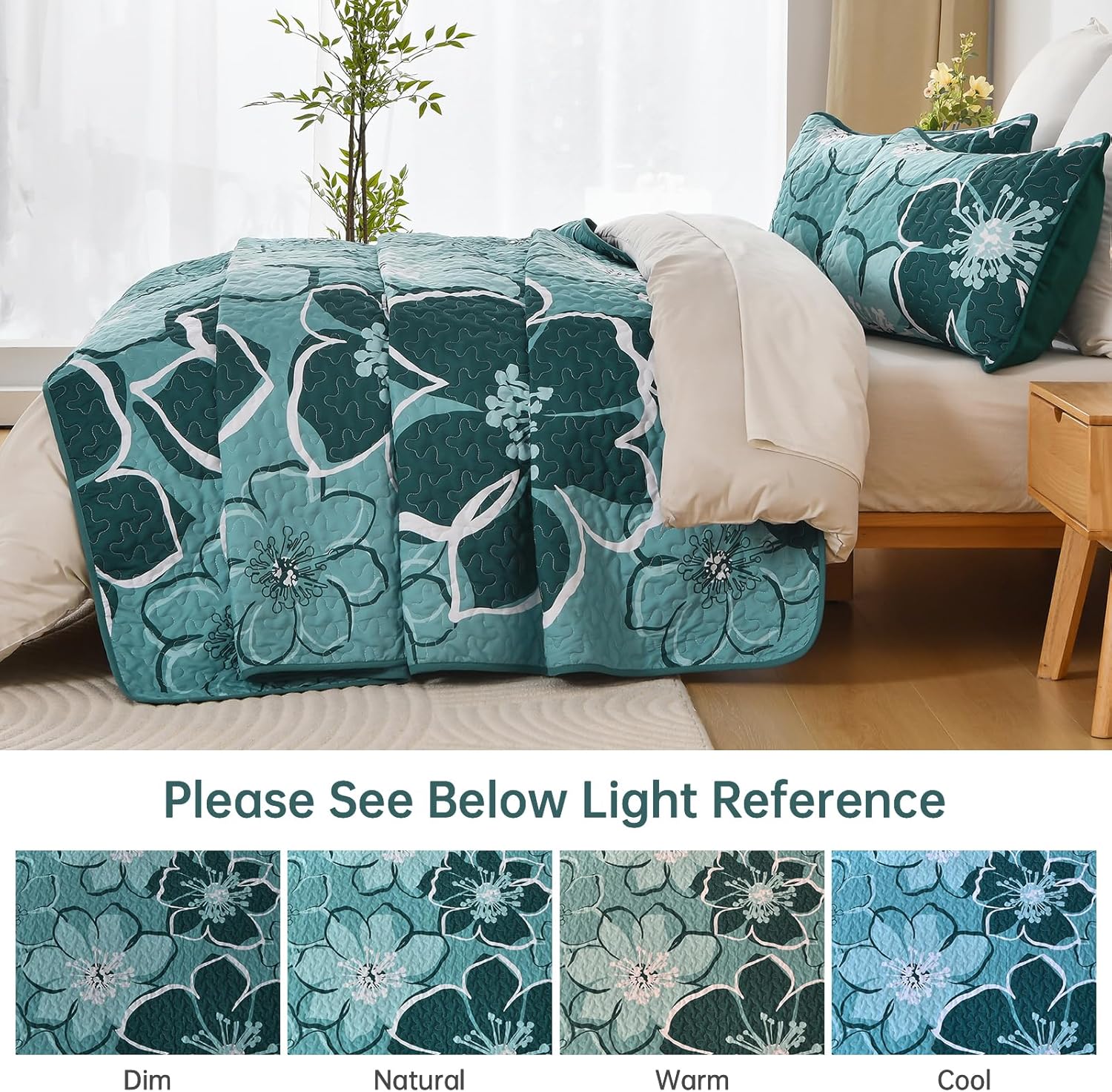 Luxudecor Floral Quilt Set Queen 3 Pieces Dark Green Flower Quilt Coverlet Set with 2 Pillow Cases, Lightweight Soft Microfiber Reversible Boho Bedspread for All Seasons 96"x90"