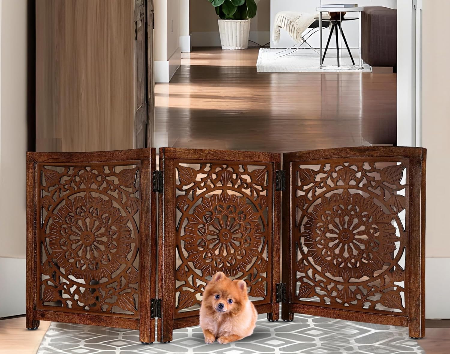 Lightnpro Carved Wooden Dog Gate - Freestanding Foldable Indoor Pet Gate, Extra-Wide Safety Barrier for Dogs & Puppies, Ideal for Stairs, Doorways & Hallways - 24x54 Inch Natural Burnt