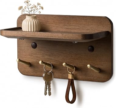 Key Holder Wall Mount, Solid Wood Key Holder for Wall with 4 Brass Hooks & Hidden Magnets, 15 Incline Hooks & Grooved Design to Prevent Slipping, Vintage Brown Key Hanger