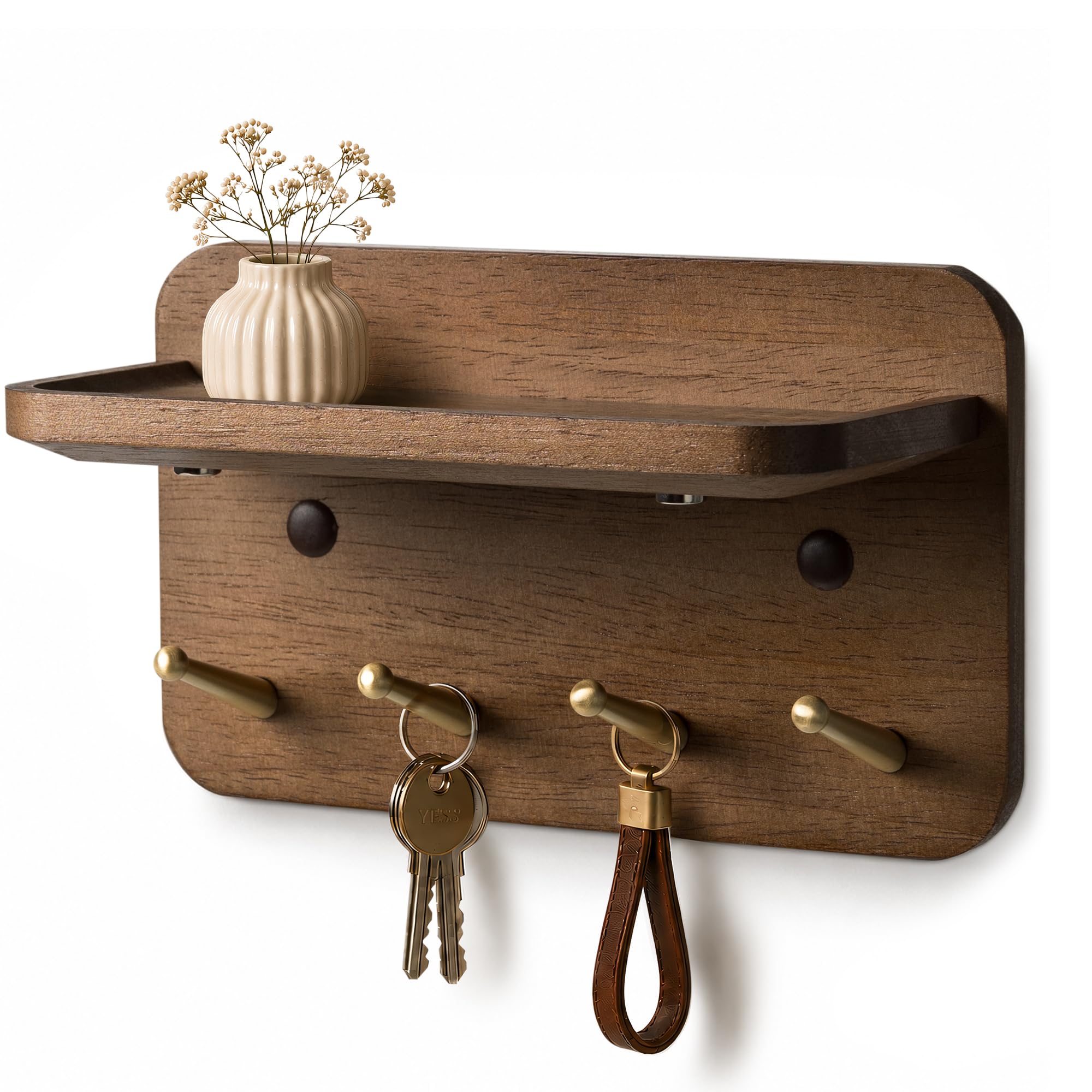 Dxiunove Key Holder for Wall with Shelf – 4 Copper Hooks, Solid Wood, Magnetic, 3 Installation: Adhesive, Screws or Invisible Nails, for Entryway, Living Room, Bedroom, Office, Walnut