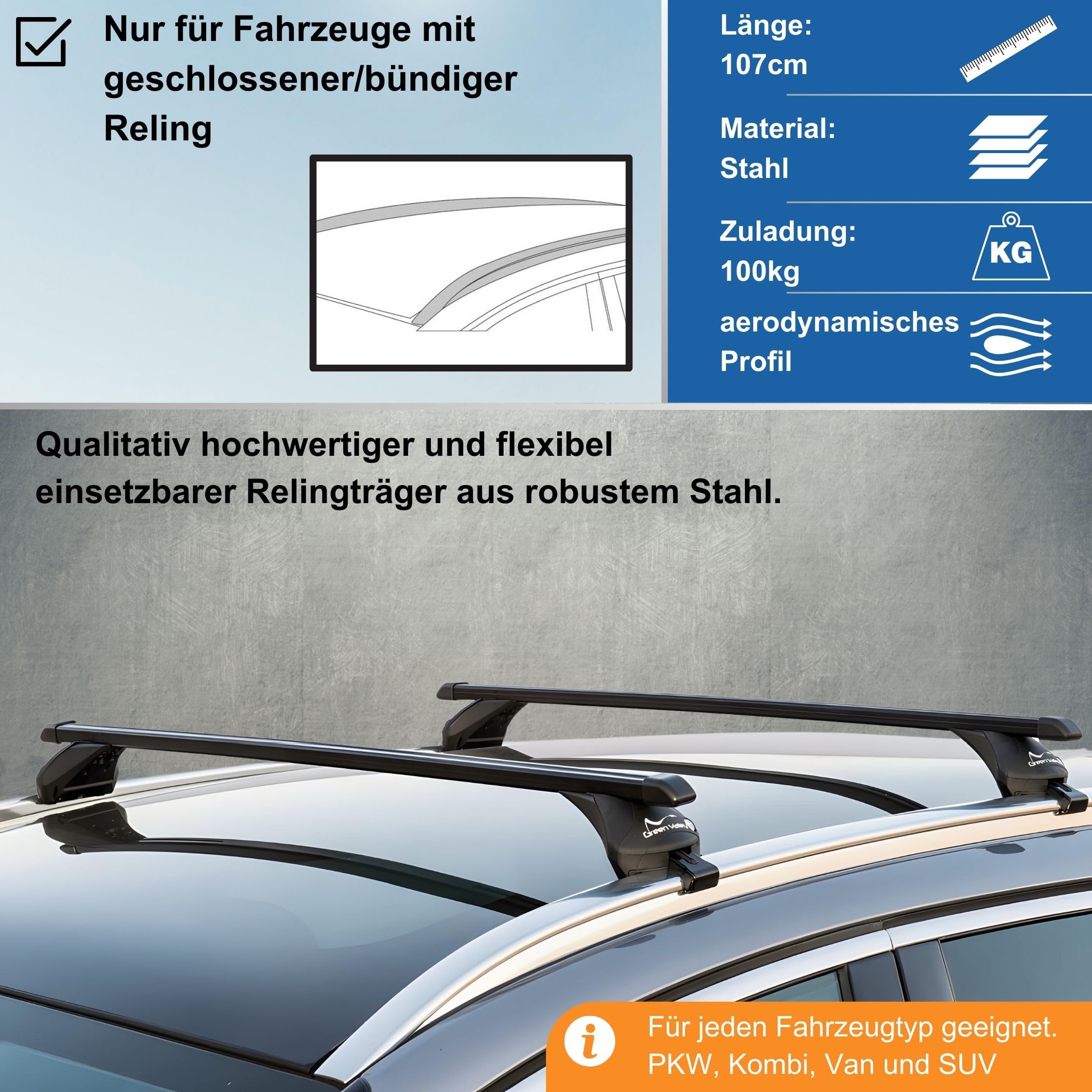 universal Dachträger Quick Relingträger 107cm bis 100kg für aufliegende Dachreling