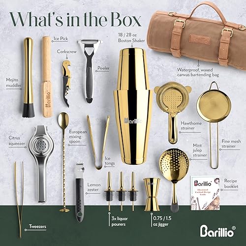 Miniatura 4 de Barillio Kit de barman bolsa con juego de coctelera dorada  Lona encerada, bolsa de herramientas de bar de viaje con kit de cóctel de 17 piezas