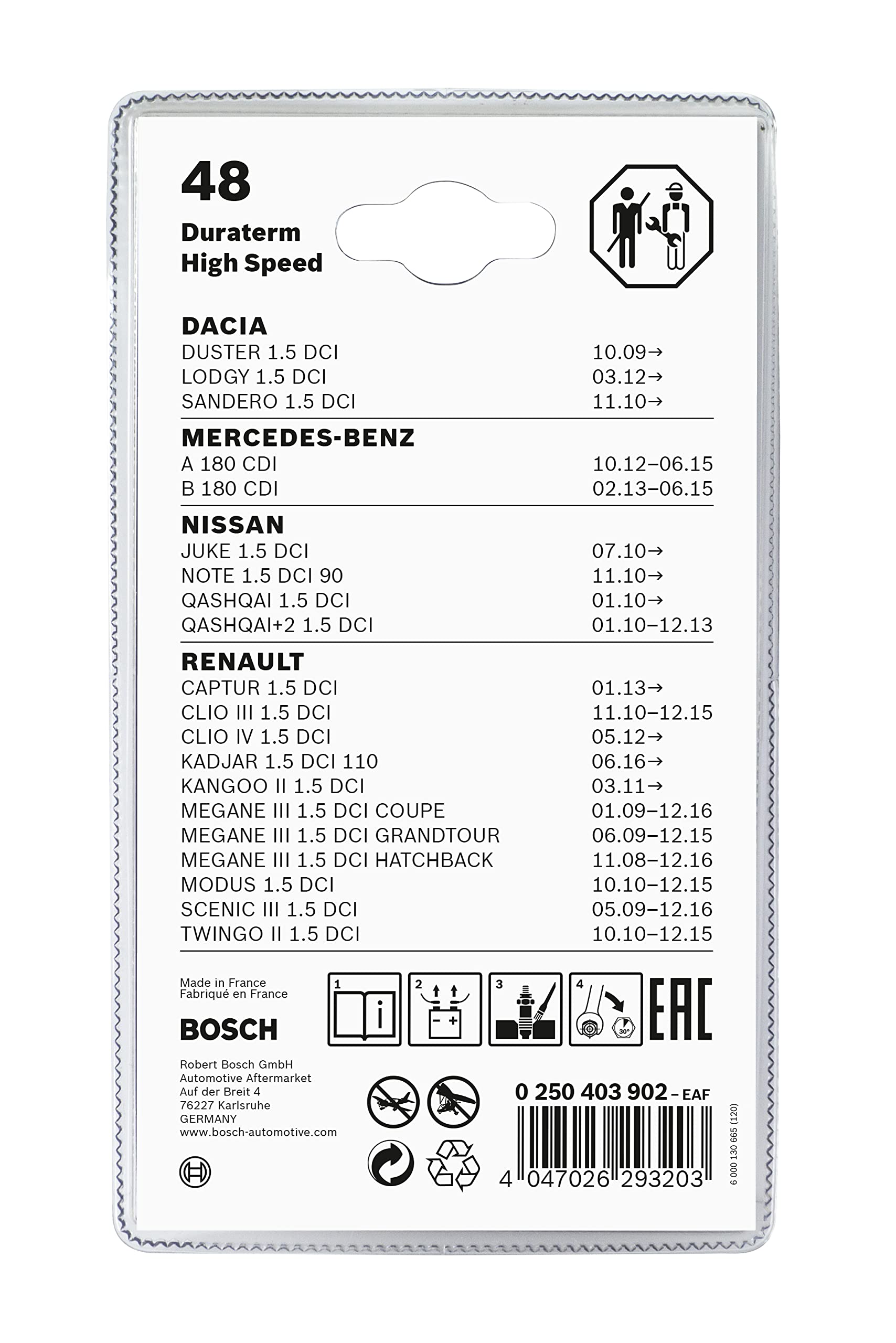 Bosch 0250403902 (48) - Bougie de préchauffage Duraterm High Speed Glow Plug - Blister - lot de 2 pièces - pour véhicules à moteur diesel