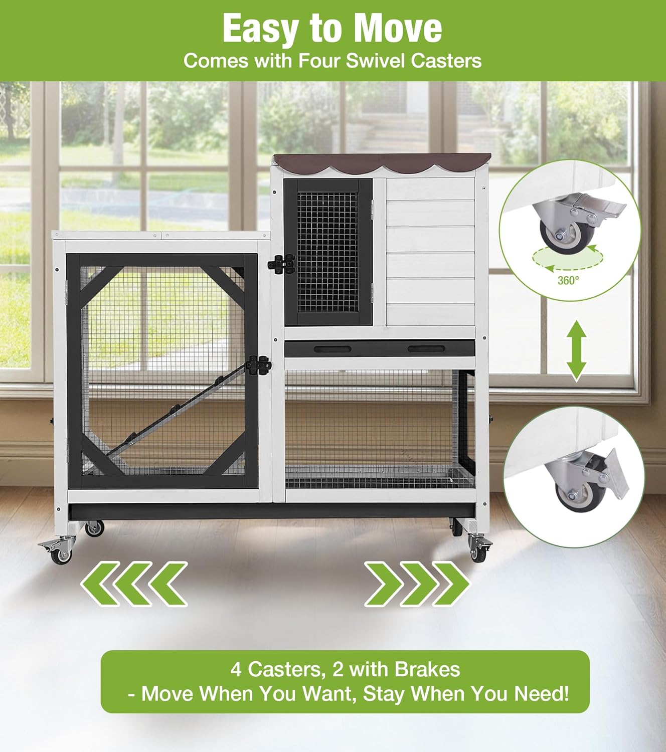 GUTINNEEN Duplex Rabbit Hutch Indoor with Chew-Proof Frame & 2 Leak-Proof Sliding Trays, Rain Cover, Wooden Guinea Pig Cages with Wheels - Black and White