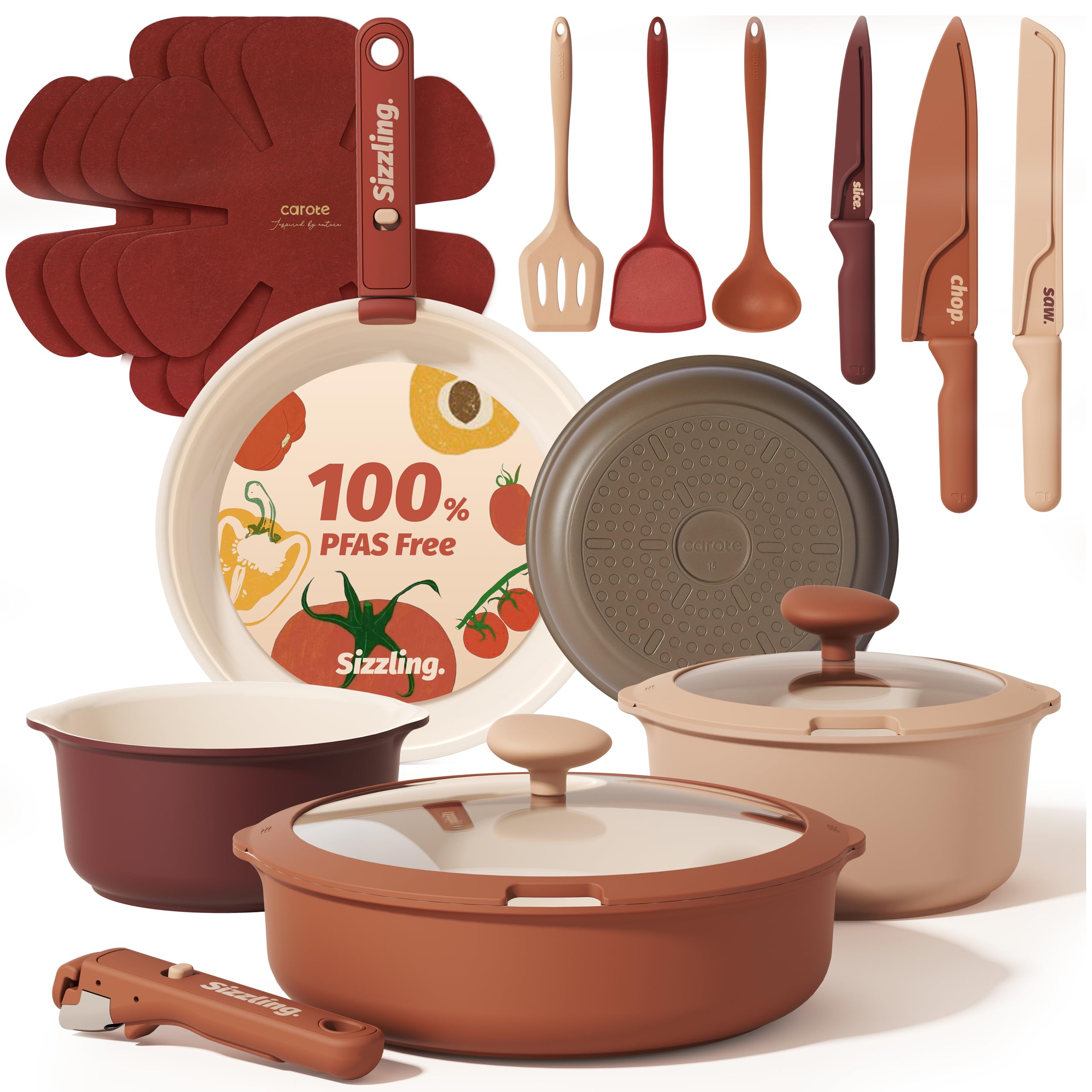 CAROTE Ceramic Cookware Set, Pots and Pans Set Non Stick with Detachable Handle, 22Pcs Non Toxic Induction Kitchen Cookware