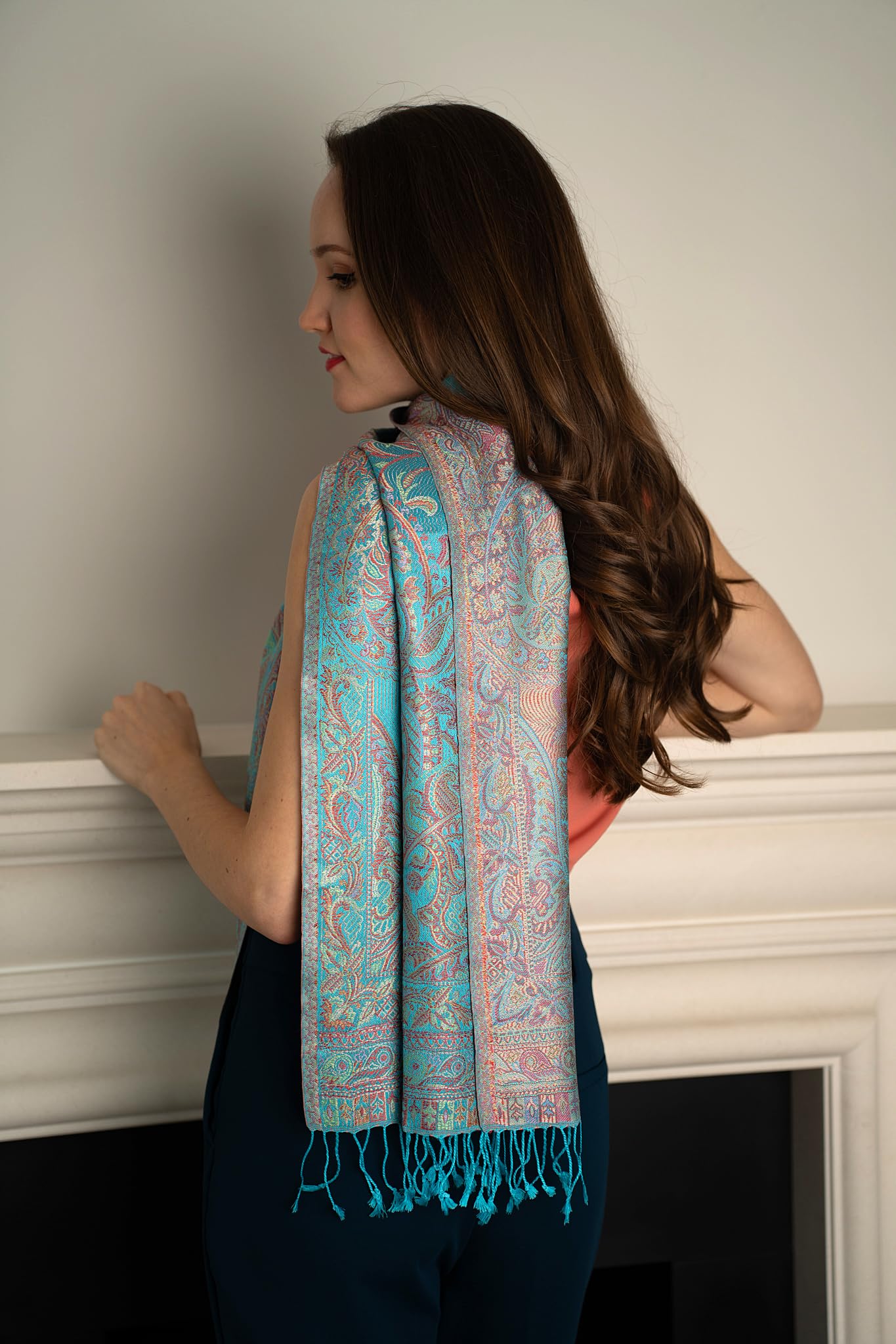 Sciarpa di seta multicolore Aqua Metallic Paisley, Sciarpa di seta, Sciarpa leggera, Sciarpa da donna, Regalo per lei, Sciarpa da spalla, Sciarpa estiva, Sciarpa primaverile, Multicolore, W:
