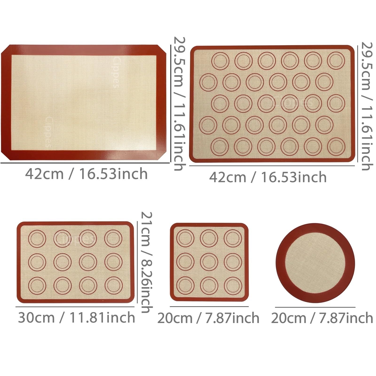 5-teiliges Silikon-Backmatten-Set, antihaftbeschichtet, wiederverwendbar, hitzebeständig, for Backofen, Heißluftfritteuse, for Backen von Keksen, Macarons, Brot, Gebäck für Fondant Pizza(Type A)