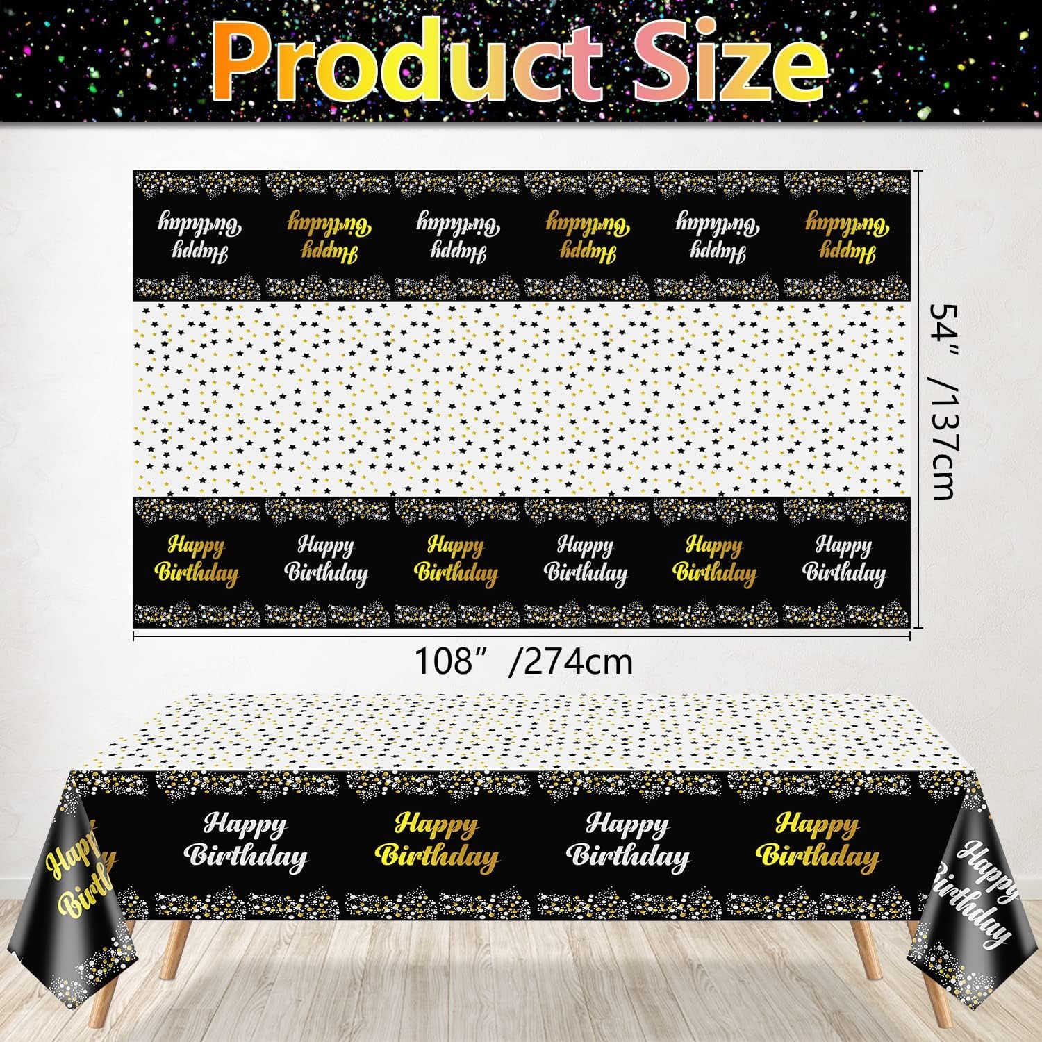 Amfin 54 x 72 Inch Happy Birthday Printed Metallic Foil Disposable Table Cover, Tablecloth for Party, Birthday Decoration. Waterproof, Shiny Finish - Black [Pack of 1] - Image 4 thumbnail
