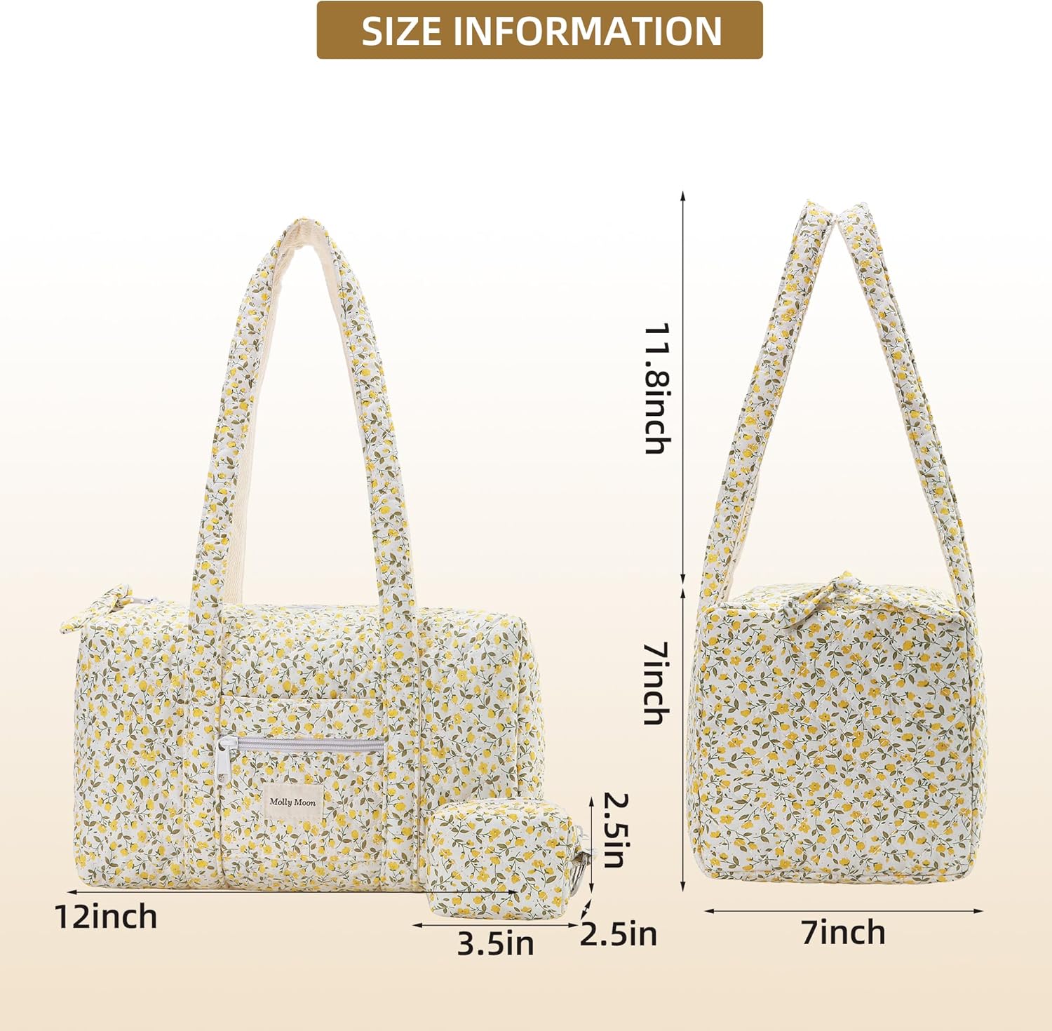 Molly Moon Top Zipper Floral Quilted Duffle Bag for Women, Yellow Quilted Small Floral Tote Bags with Coin Purse, Cute Cotton Shoulder Bag for Travel, Work, School - Image 6