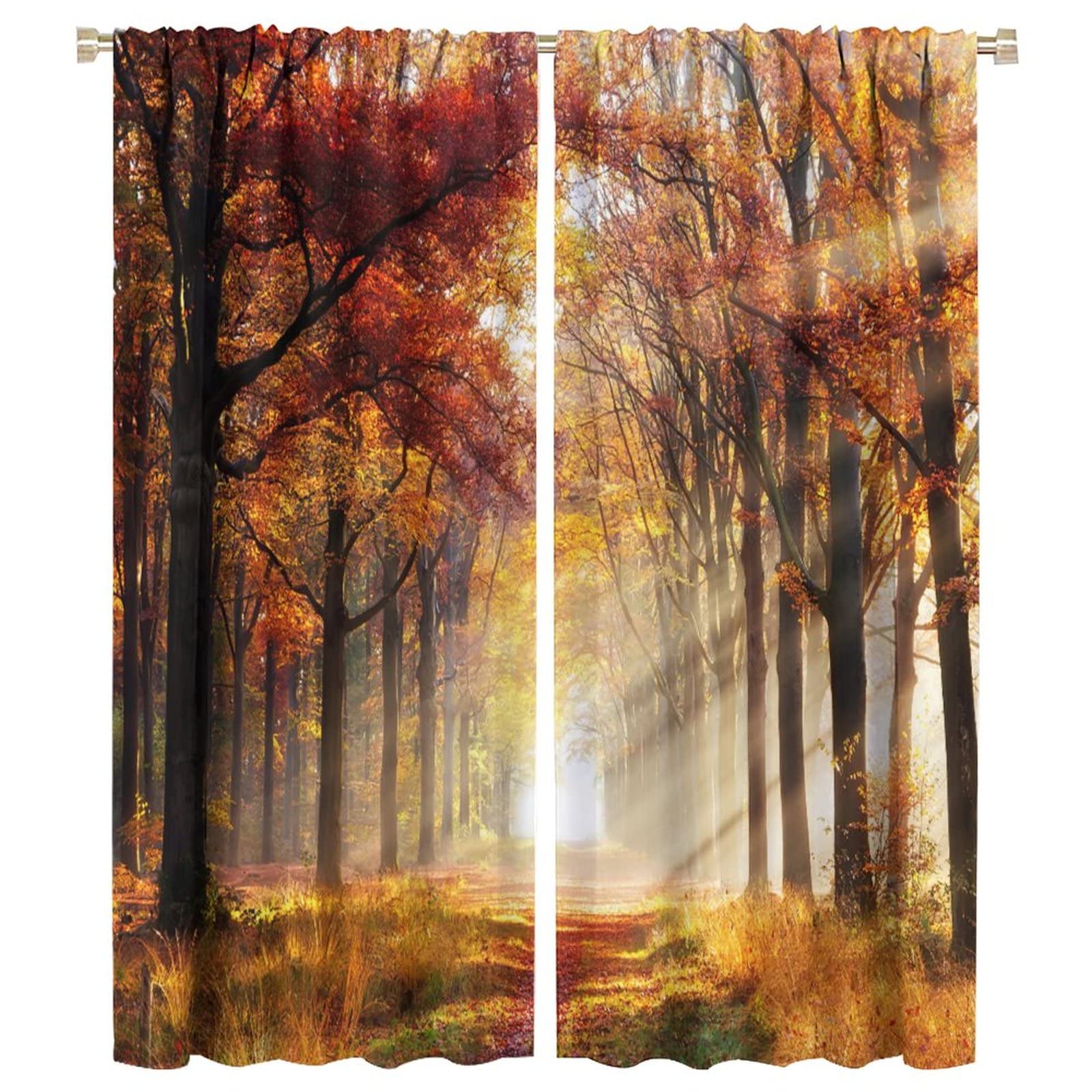 JESTRONRY Nature Kitchen Curtains,Country Forest Trees Sunshine Autumn Scenery,Living Room Bedroom Rod Pocket Window Drapes 2 Panel Set W42xL54in