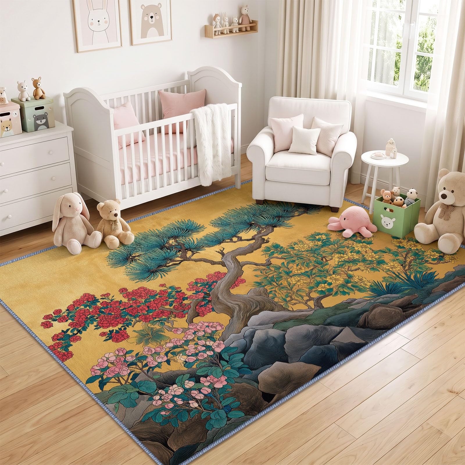 Tappeto a pelo corto, lavabile, antiscivolo, 140 x 200 cm, per soggiorno, camera da letto, aghi di pino, fiori, facile da pulire, morbido, durevole, rettangolare, orientale, classico, cucina e