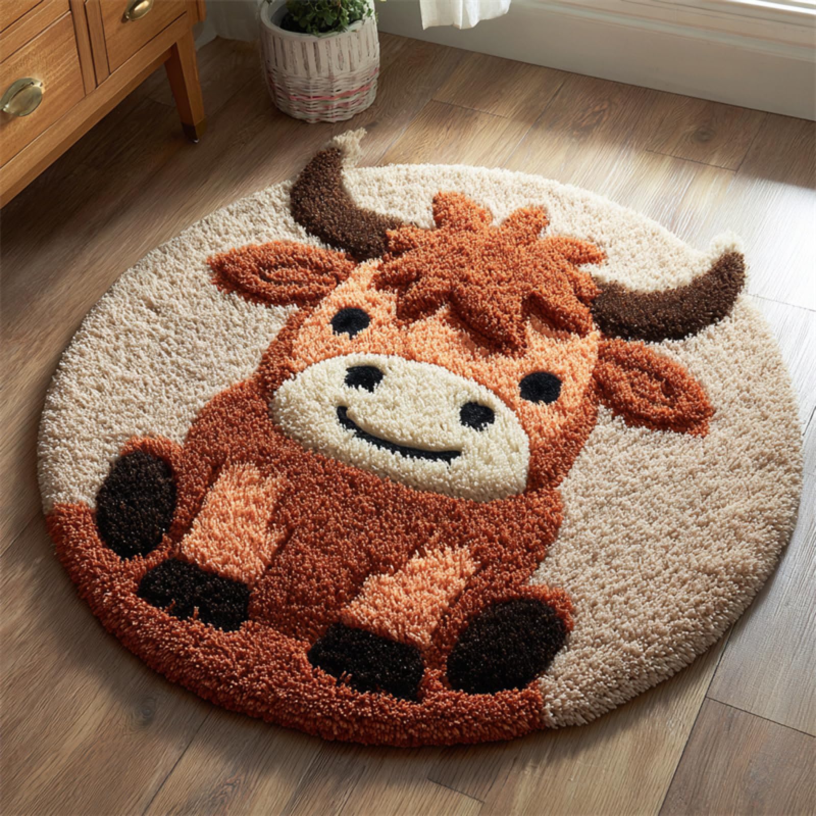 WallustrioaW Latch Hook Rug Kit,Cartoon Little Highland Cow,Carpet Crochet Yarn Kits for Adults,Latch Hook Kits for Adults Colorful Pattern Printed Canvas,50x50cm
