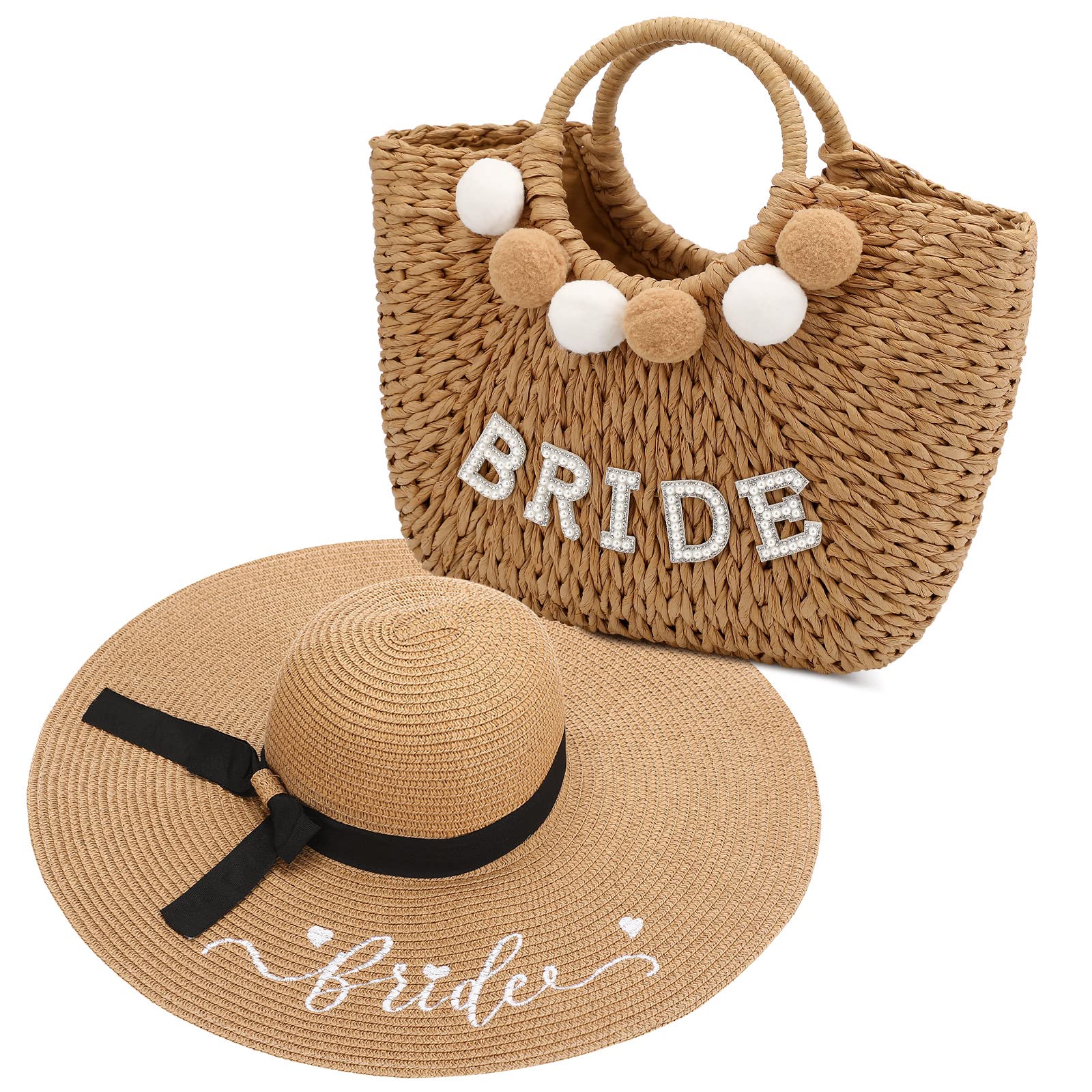 Jeyiourbride Beach Tote Bag Bride Hat Set Bachelorette Bridal