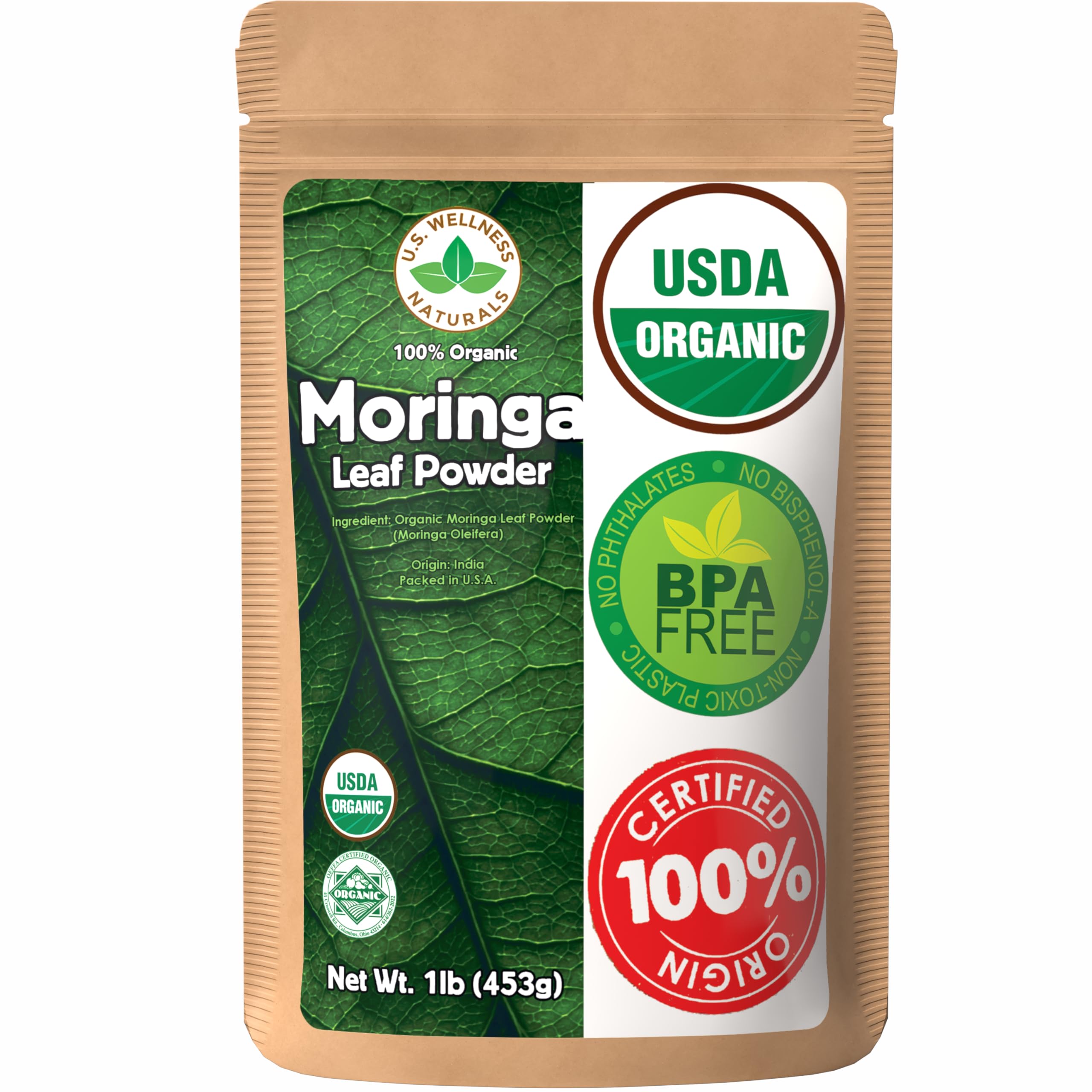 Moringa Powder 1LB (16Oz) 100% Certified Organic| 100% Pure Moringa Leaf NO Stems| - Raw from India | Smoothies | Drinks | Tea | Recipes - Resealable BagUSDA Organic