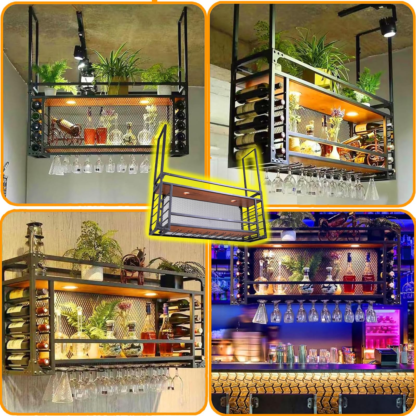 Portabottiglie da Parete con Supporto per Bicchieri in Metallo a soffitto - Organizzatore salvaspazio per calici per casa, Ristorante e Bar - Design Multifunzionale (95x30x50 cm)