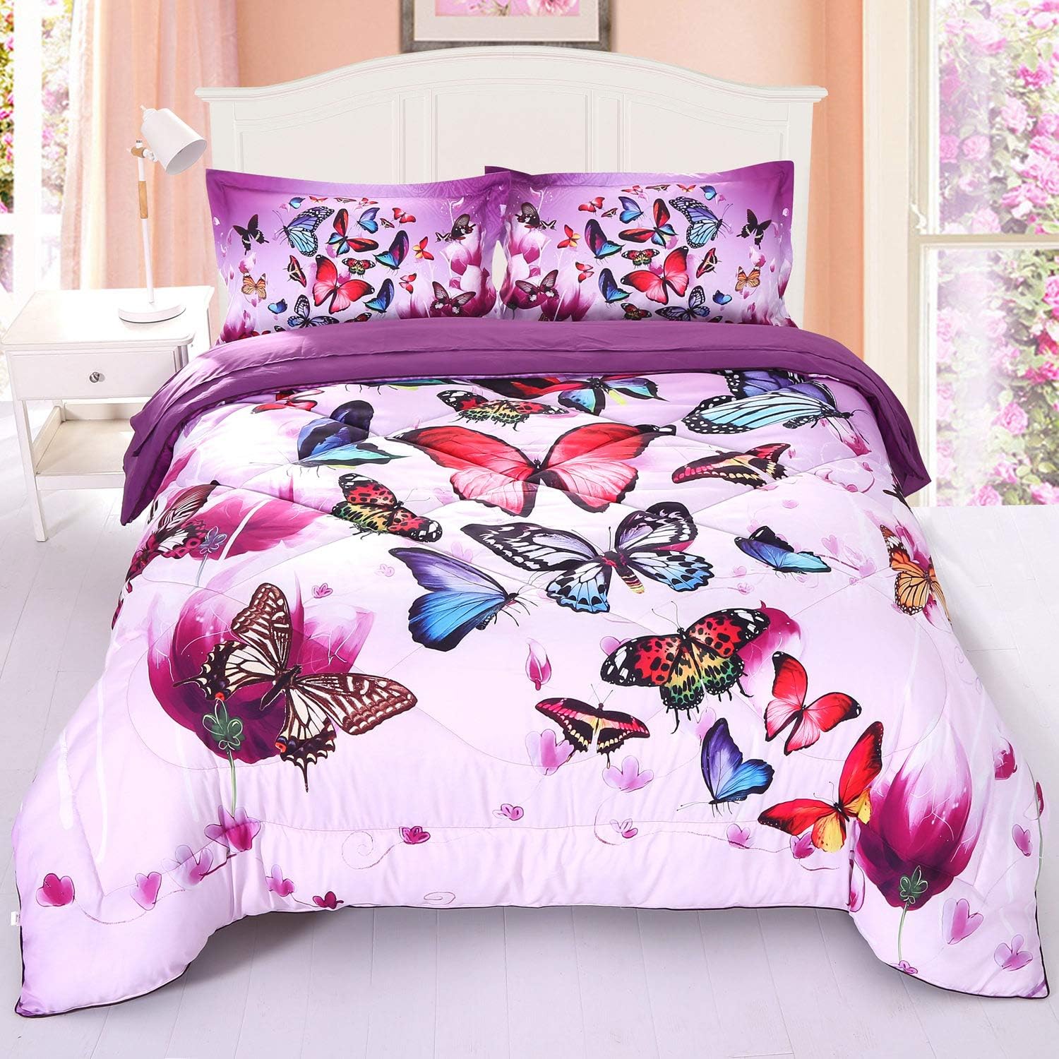 Wowelife Butterfly Bedding Set Full Upgraded 3D Butterfly Comforter Set Purple Pink 5 Piece Bed
