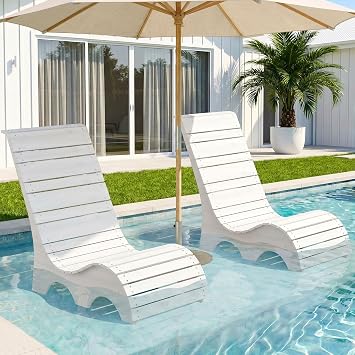in Pool Lounge Chairs Set of 2, Short Curved HDPS Ergonomic S-Contour Pool Chaise Loungers with Unique M-Shape Base Anti-Float, Fade-Resistant Poolside Lounger for Pool Patio Deck, White