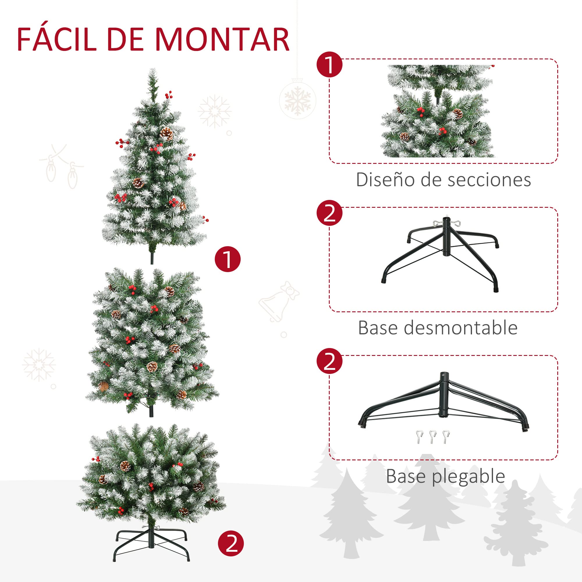 HOMCOM Árbol de Navidad Nevado Artificial 180 cm con 300 Luces LED Verde | Árbol de Navidad, Blanco Cálido, 618 Ramas Ignífugas de Plástico, Decoraciones Incluidas, Base Plegable, Ø65x180 cm