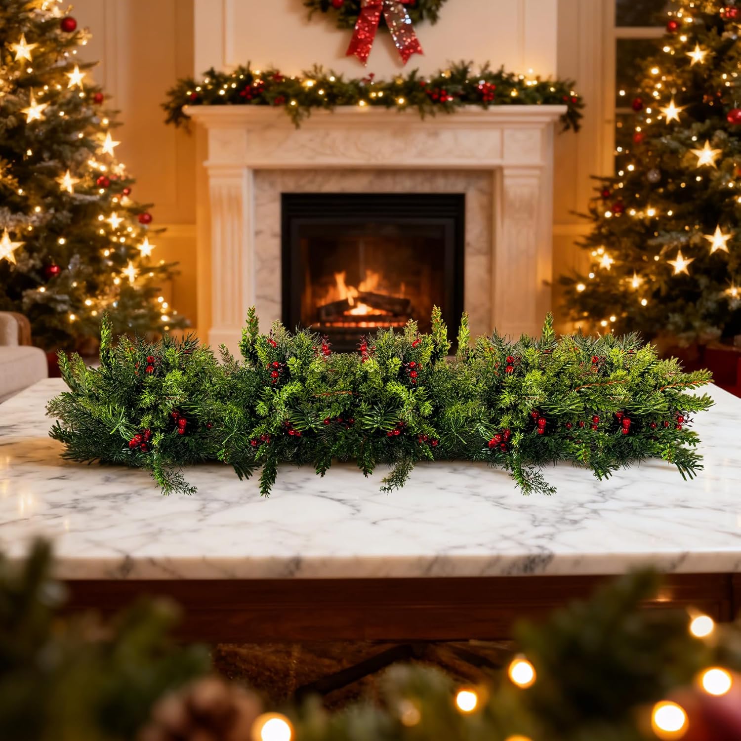 Bailikang 2PCS Christmas Artificial Pine Needles Branches Table Decor with Red Berry Pine Cones Greenery Stems Christmas Artificial Greenery Floral Arrangements for Garland Wreath