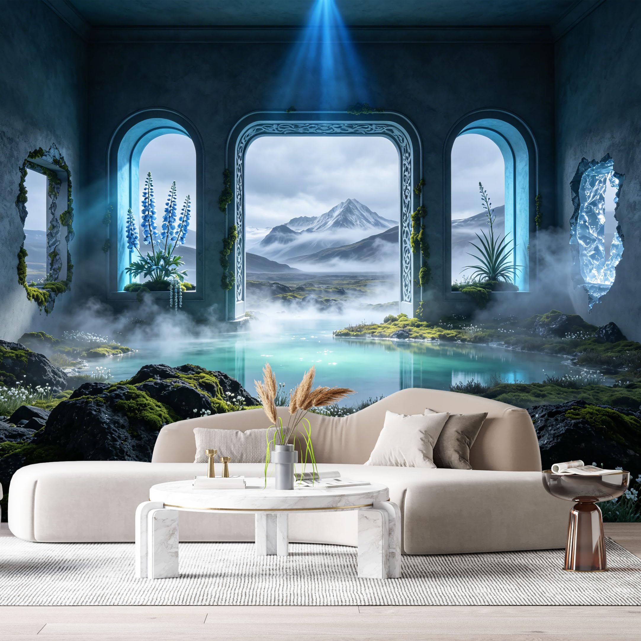 Custom Size Wall Murals Mountain Lake Botanical 3D Trompe L'Oeil Scenic View Archway Rocks Fog SelfAdhesive Wall Fabric Removable Large Wallpaper Photo for Living Room