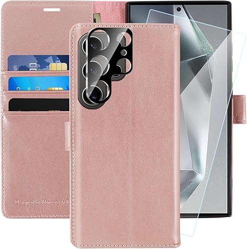 MONASAY Funda tipo cartera compatible con Galaxy S24 Ultra 5G, protector de pantalla y protector de lente, bloqueo RFID, funda de piel con tapa para
